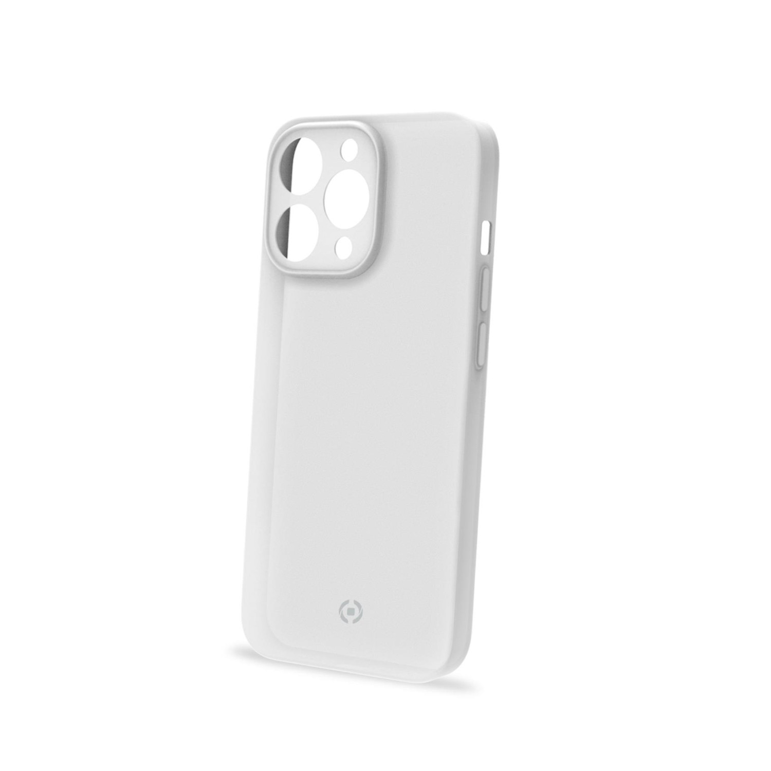 Custodia bianca per telefono su sfondo bianco. La custodia ha ritagli per la fotocamera e un logo.