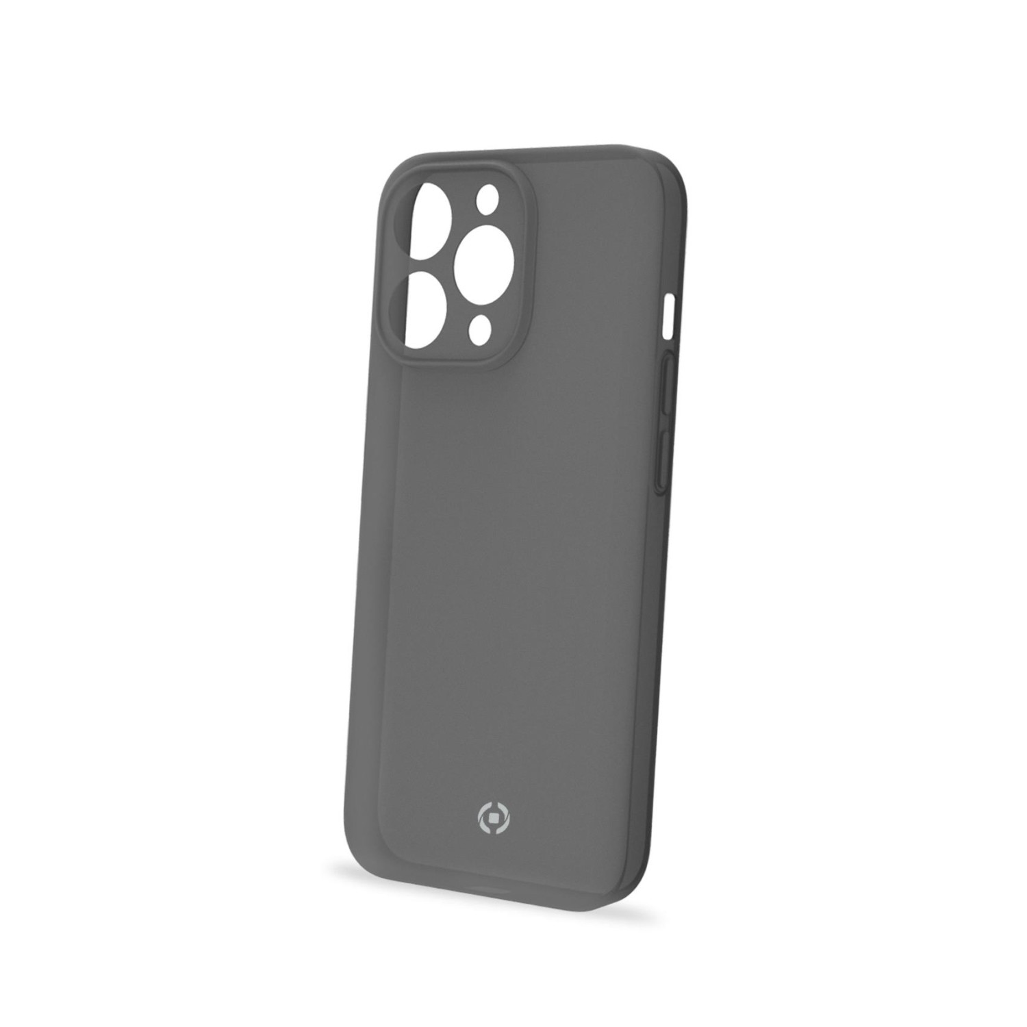 Una custodia grigia per telefono. Ha aperture per fotocamera e pulsanti. Lo sfondo è bianco.