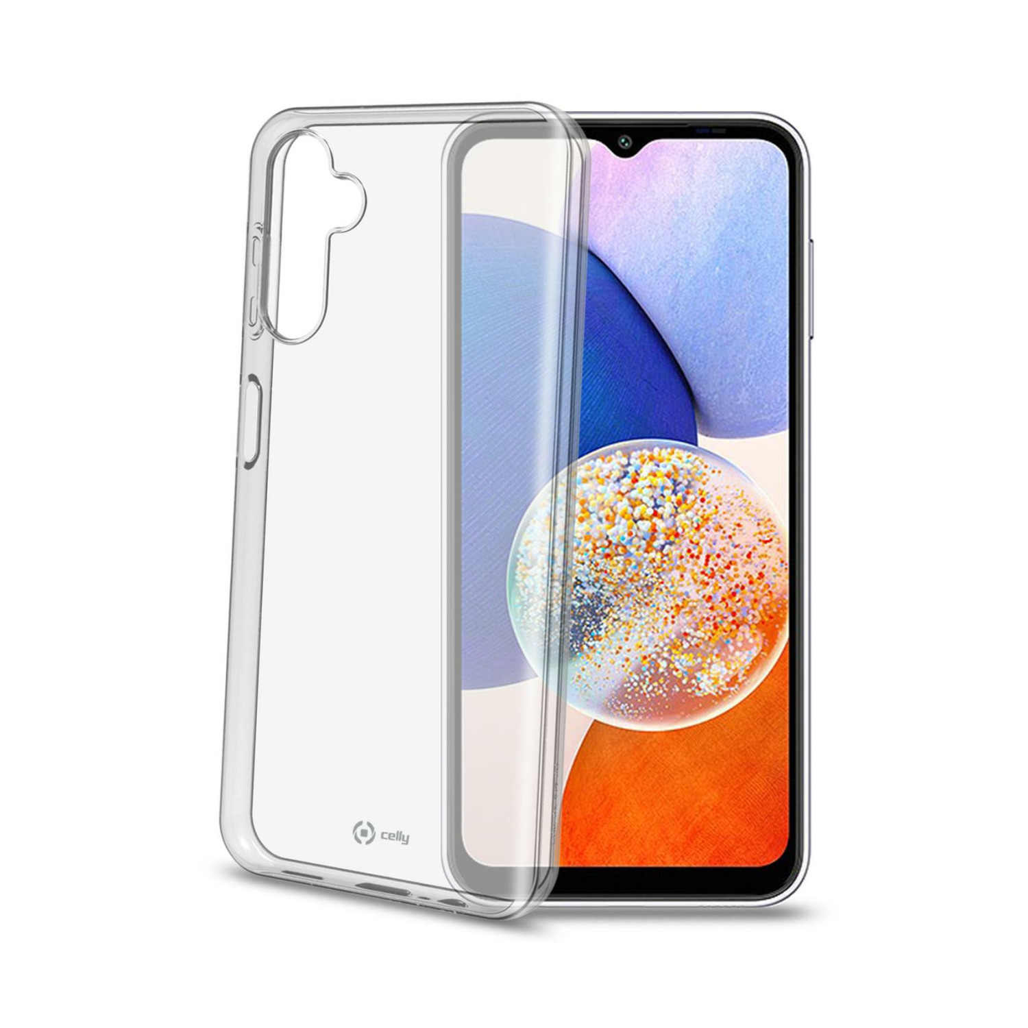 Una custodia trasparente per telefono su un telefono con un'immagine colorata sullo schermo. Sfondo bianco.