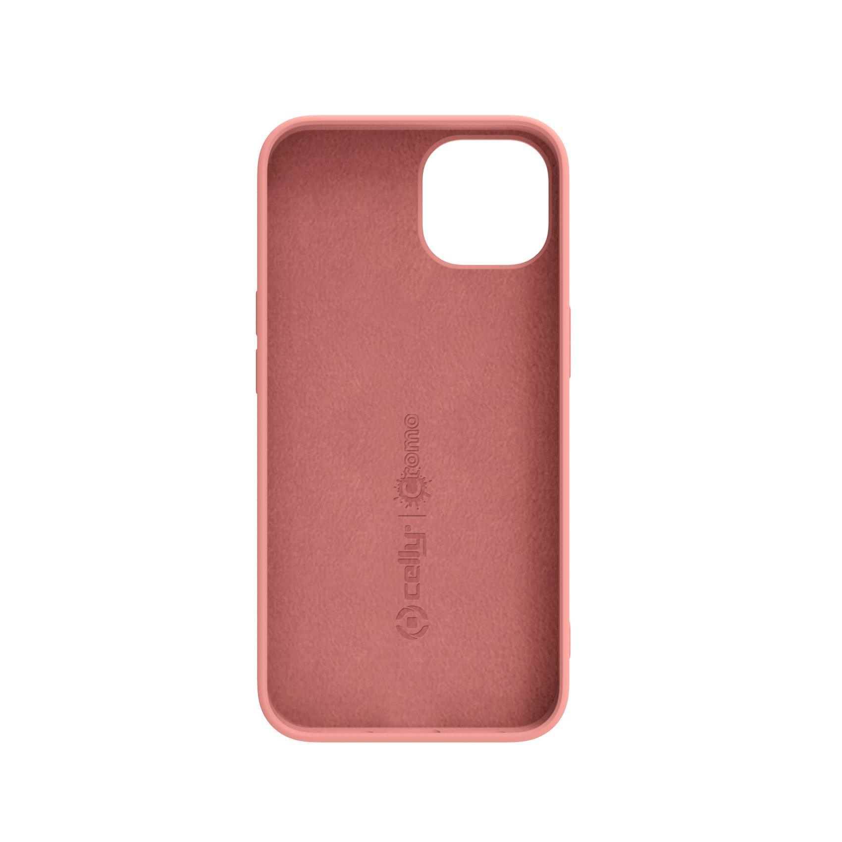 Interno di una custodia rosa per telefono con foro per la fotocamera e marchio, su sfondo bianco.