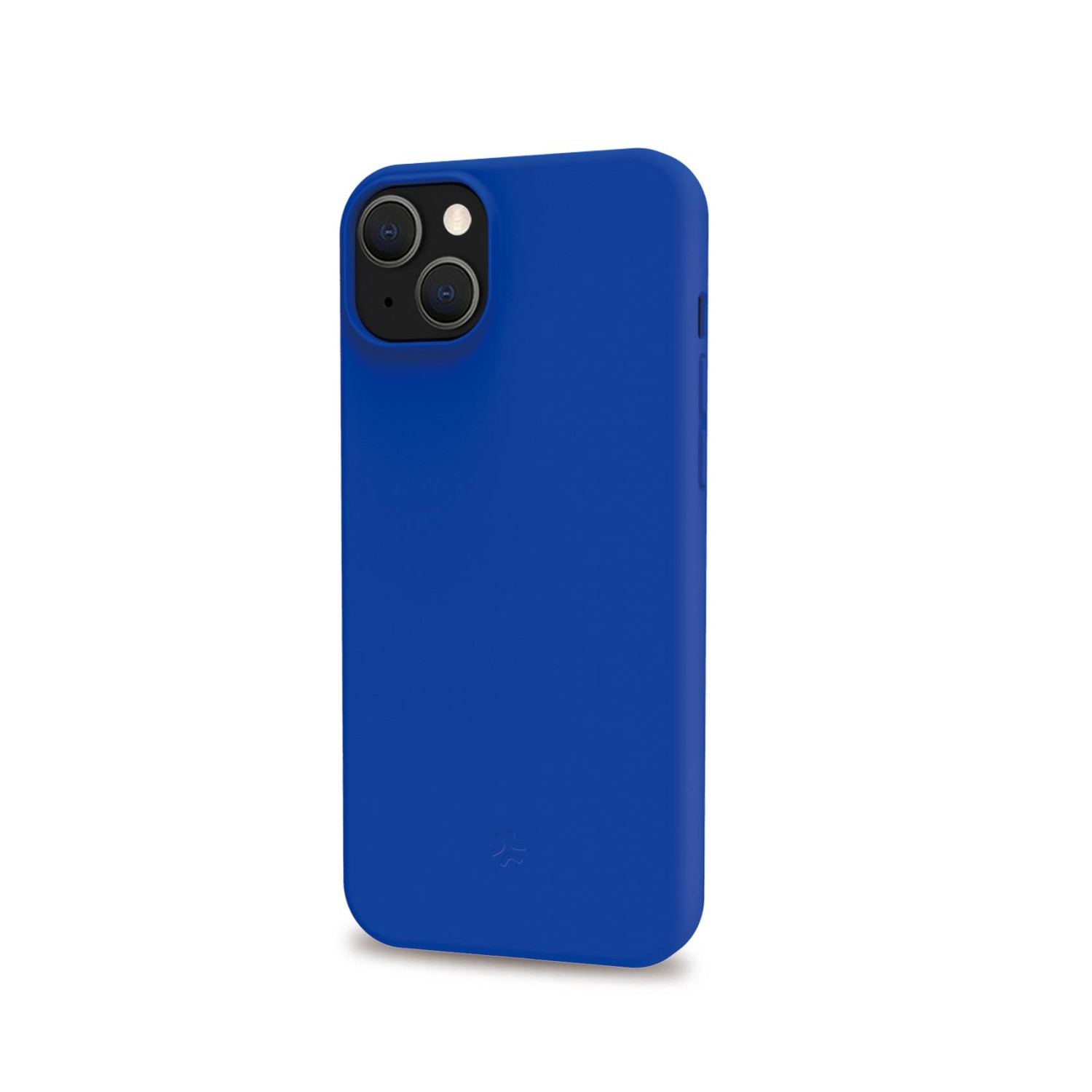 Custodia blu per telefono. Mostra la fotocamera e i pulsanti laterali.