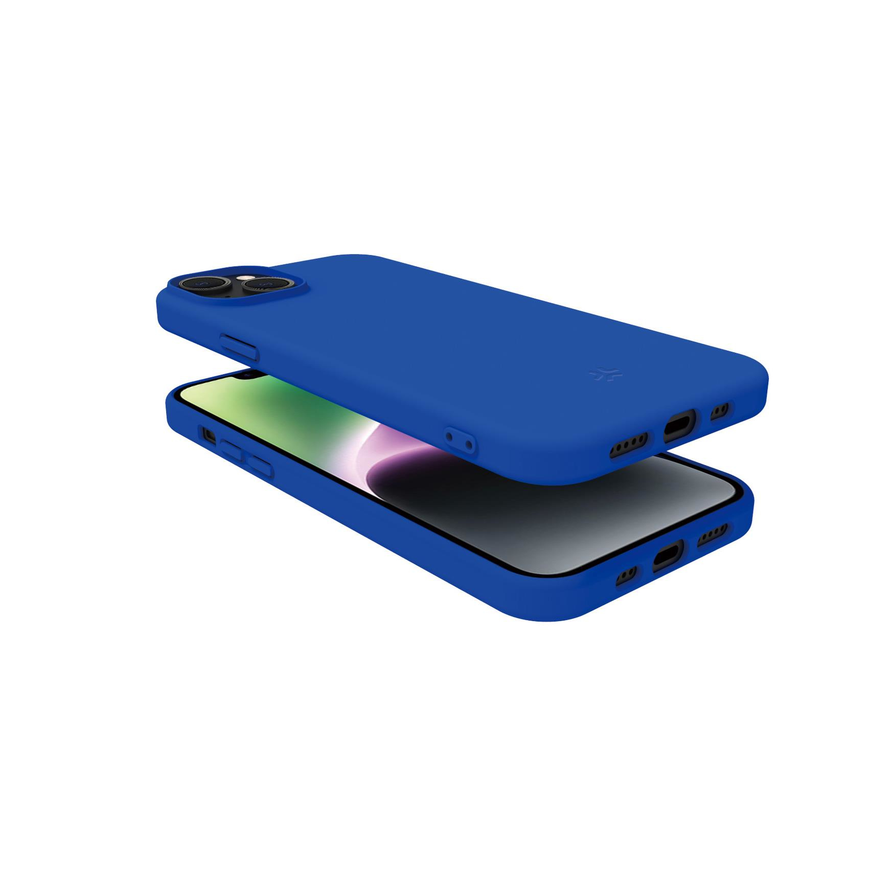 Custodia blu per telefono con un telefono all'interno. Il telefono e la custodia sono leggermente separati.