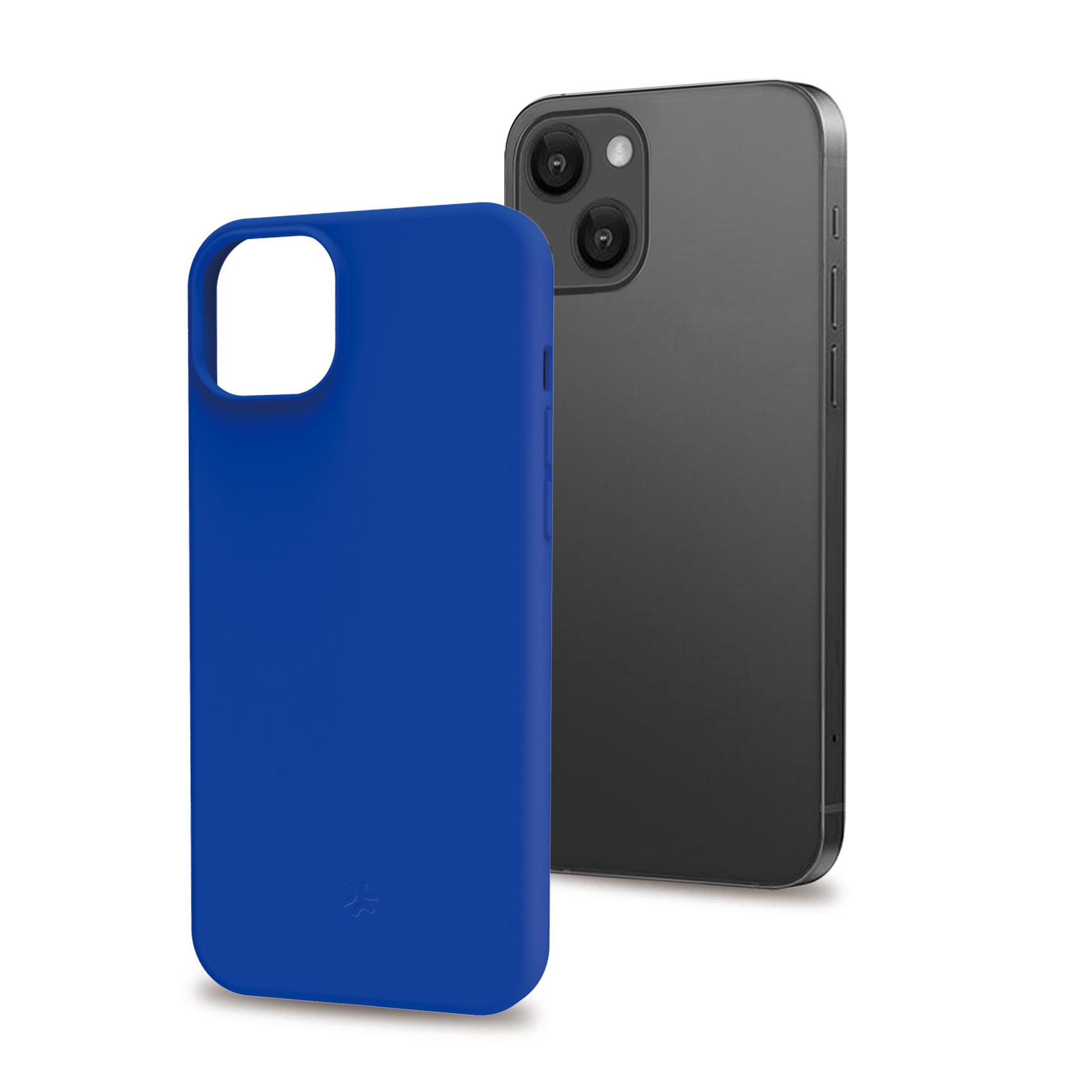Custodia blu accanto a un telefono grigio scuro.