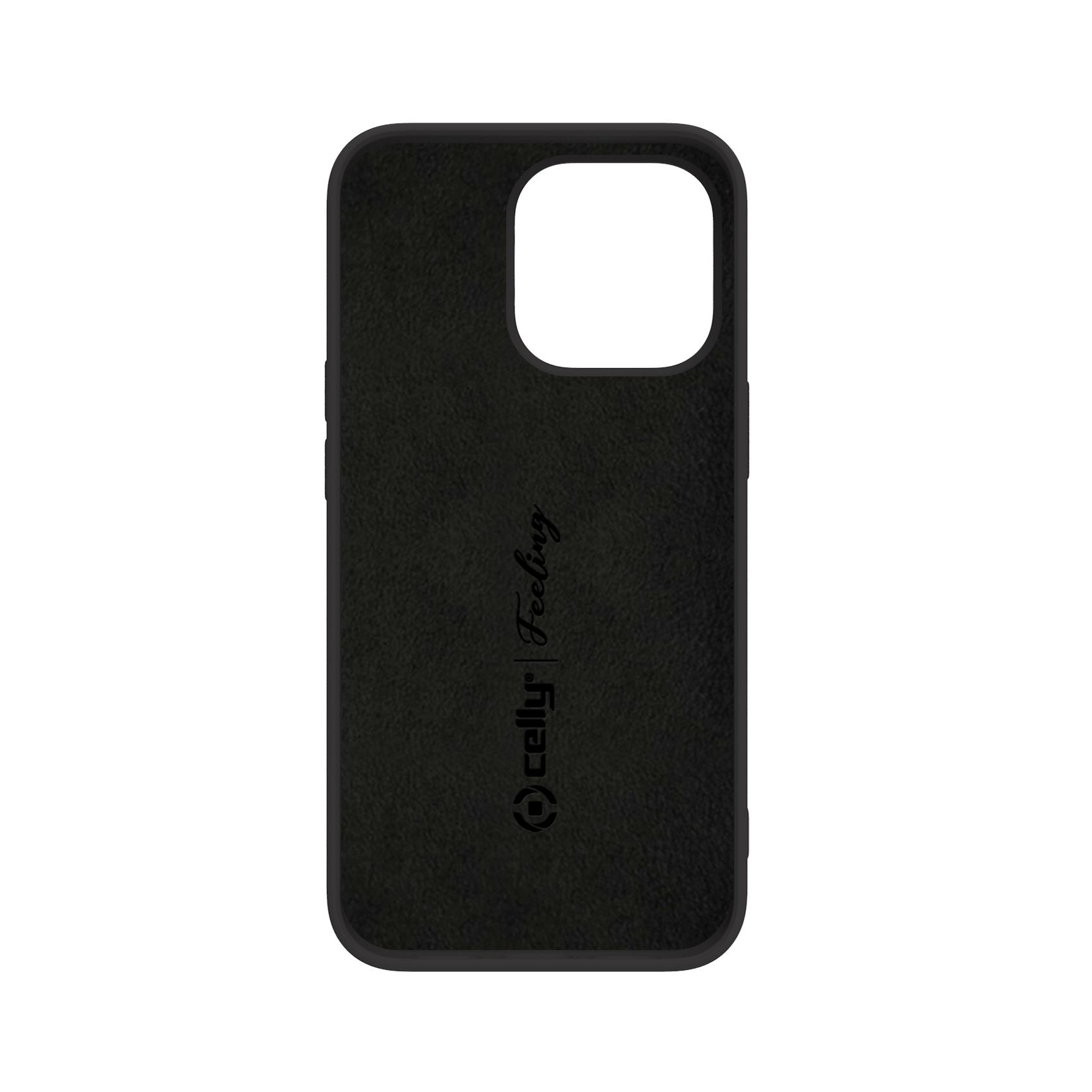 Custodia nera per telefono con il nome del marchio sul lato. La custodia ha un foro per la fotocamera.