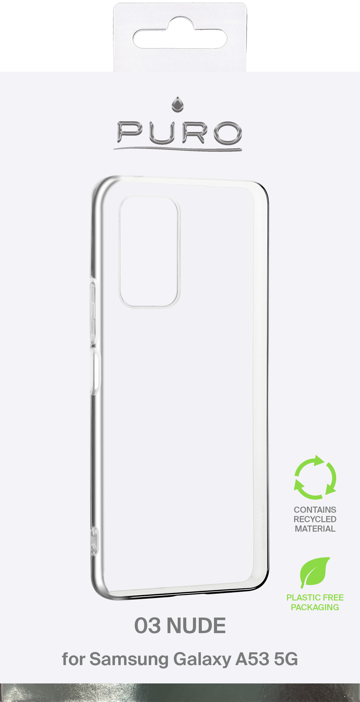 Confezione della custodia del telefono con una custodia trasparente. La confezione include testo e simboli di riciclaggio.