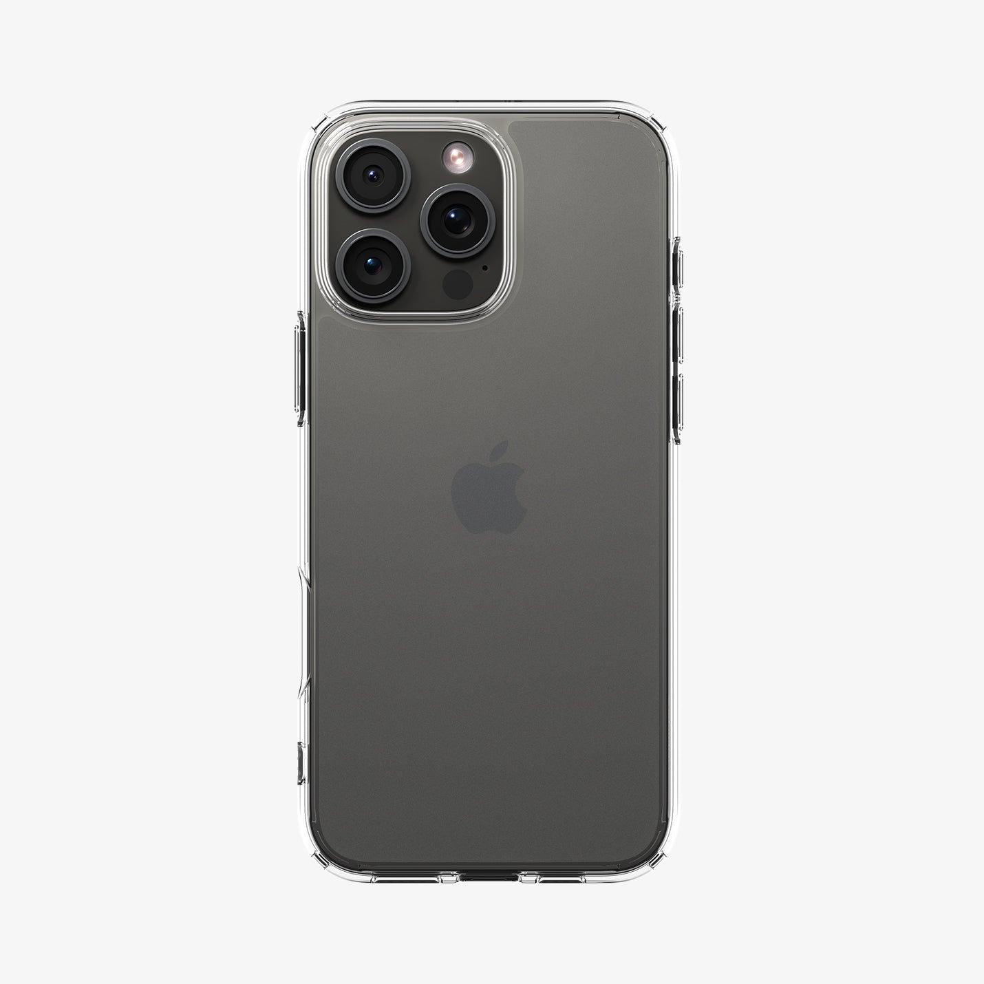 Custodia trasparente per telefono su un telefono nero. Il telefono ha tre fotocamere e un logo Apple.