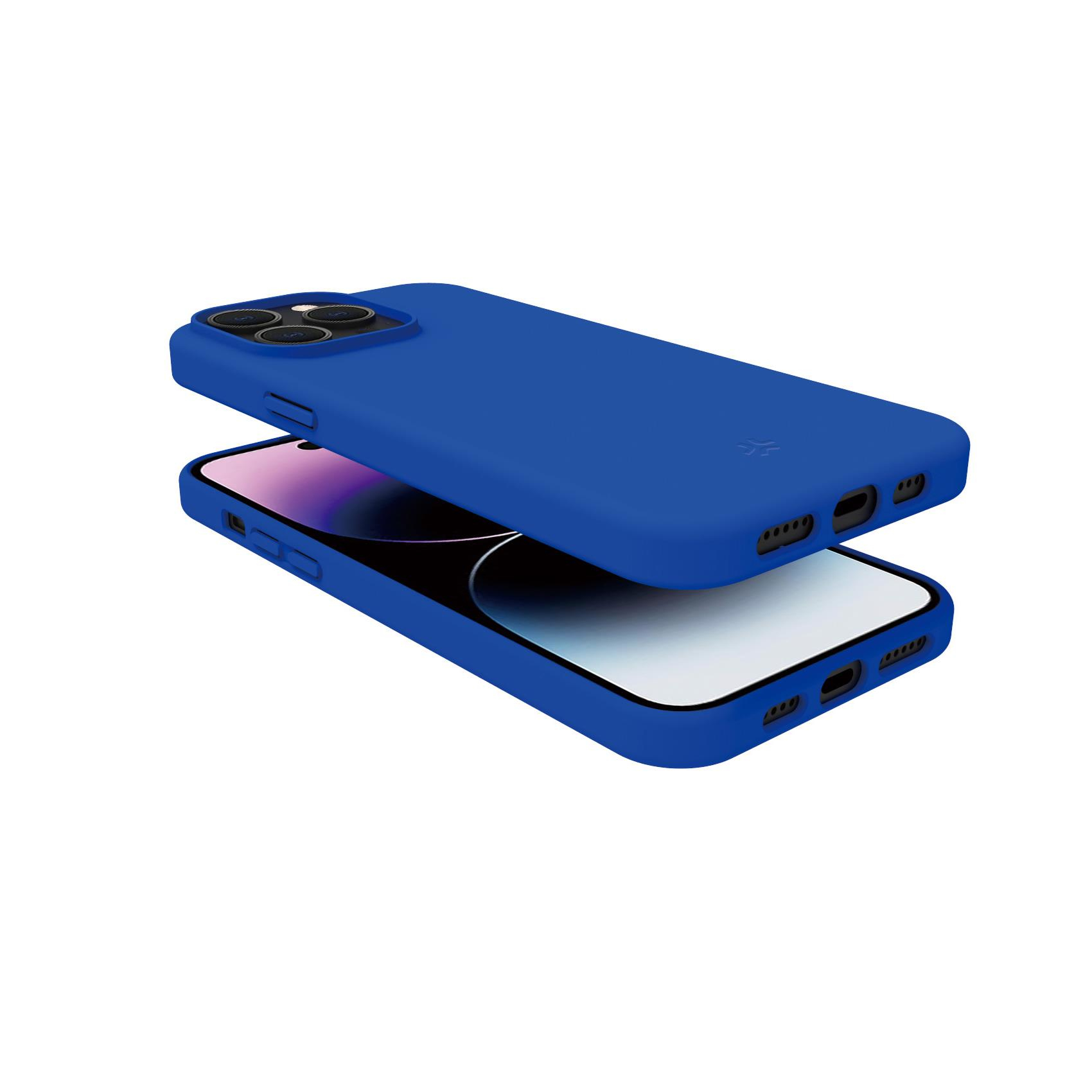 Custodia blu per telefono con telefono dentro. Vengono mostrate due custodie.