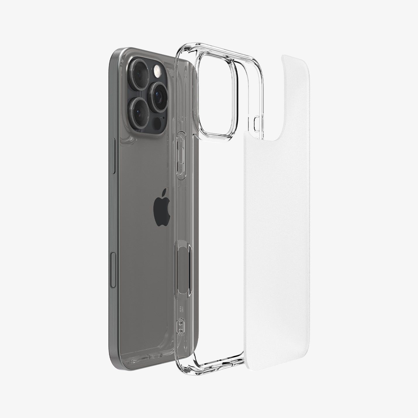 Custodia trasparente per telefono e un telefono. La custodia è accanto al telefono. Il telefono ha tre fotocamere.