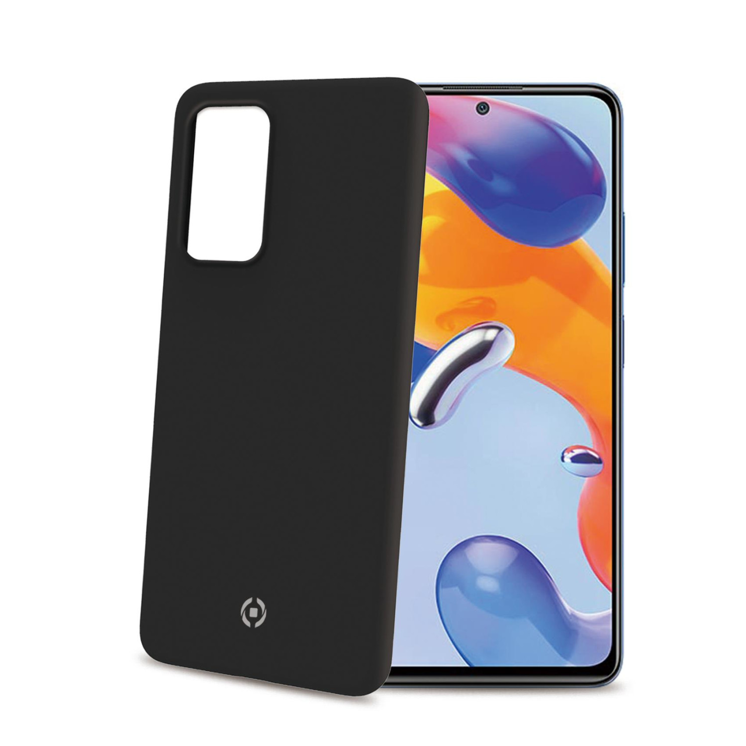Custodia nera per telefono su un telefono. Il telefono mostra uno sfondo colorato. La custodia ha un logo.