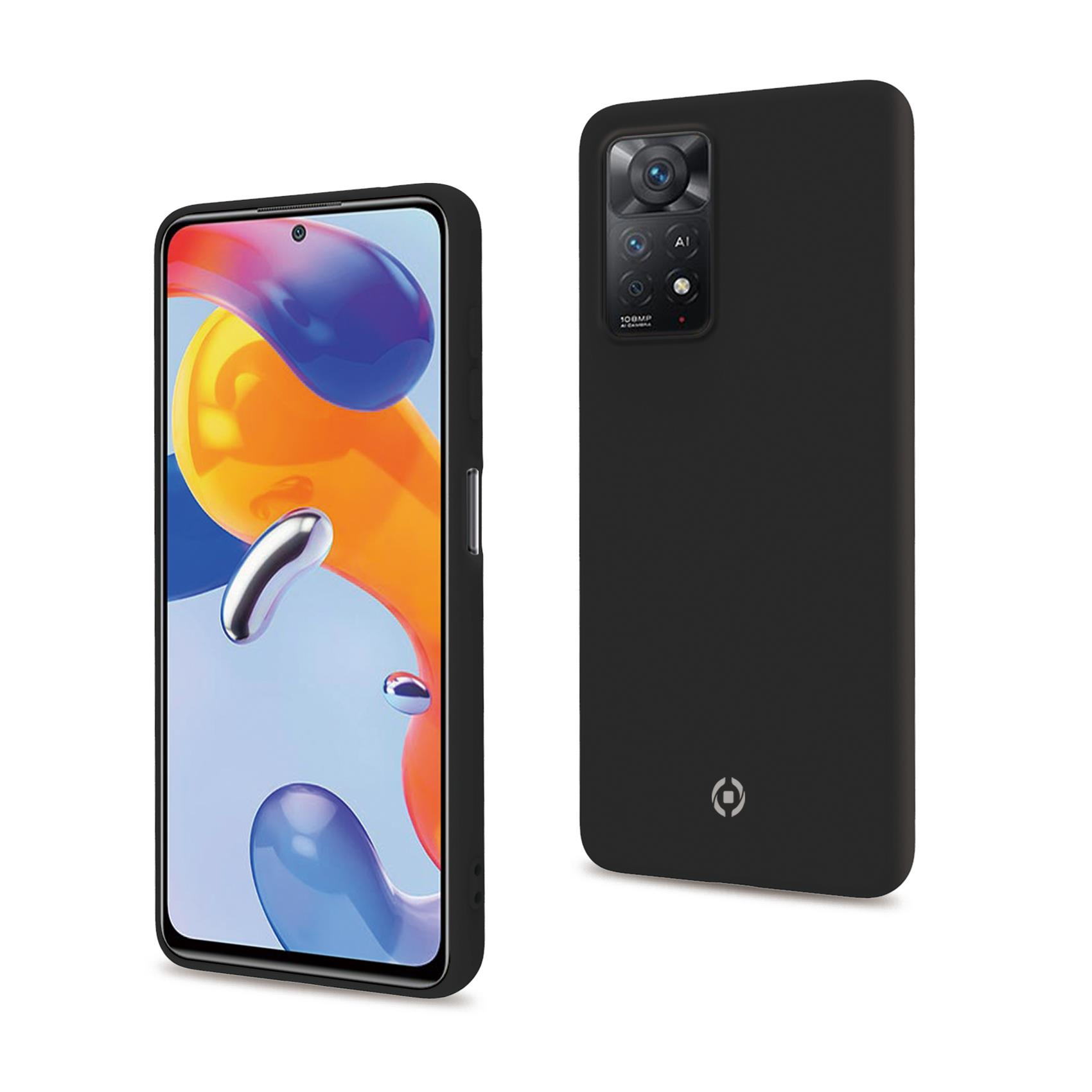 Custodia nera per telefono e un telefono. Il telefono mostra uno sfondo colorato. La custodia ha un logo.