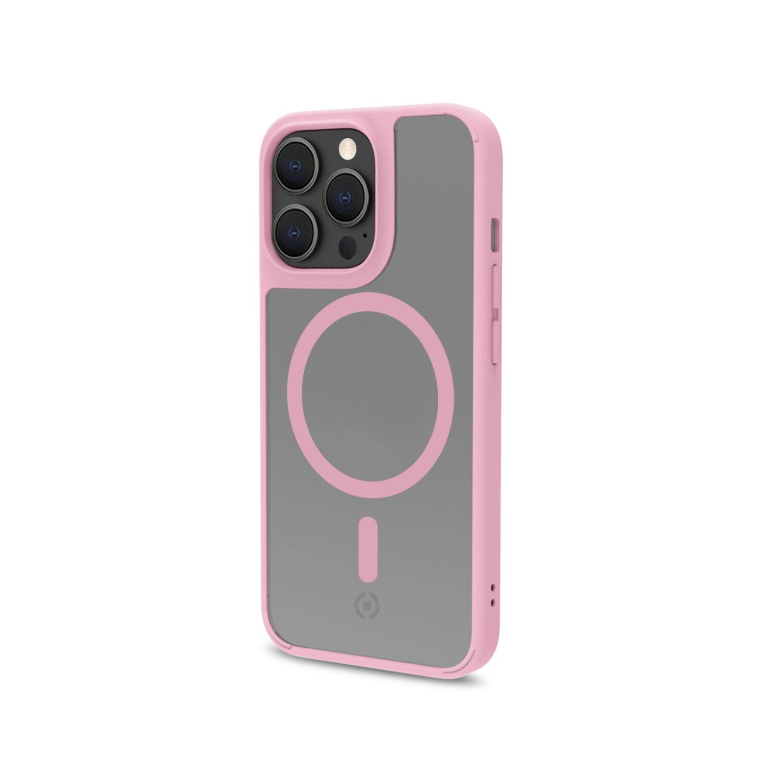 Custodia rosa per telefono con retro grigio. Ha un cerchio e una linea sul retro. Isolato su sfondo bianco.