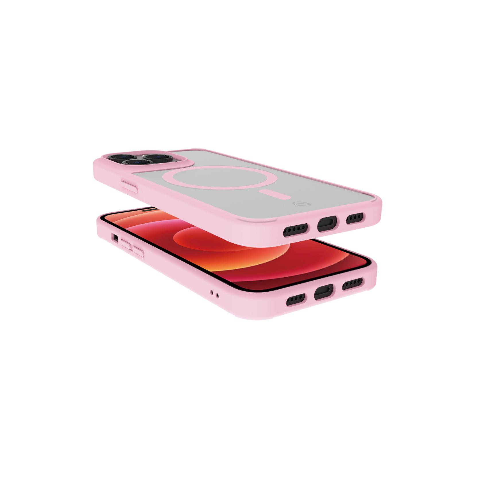Due custodie rosa per telefono e un telefono. I telefoni sono rosa. Isolati su sfondo bianco.