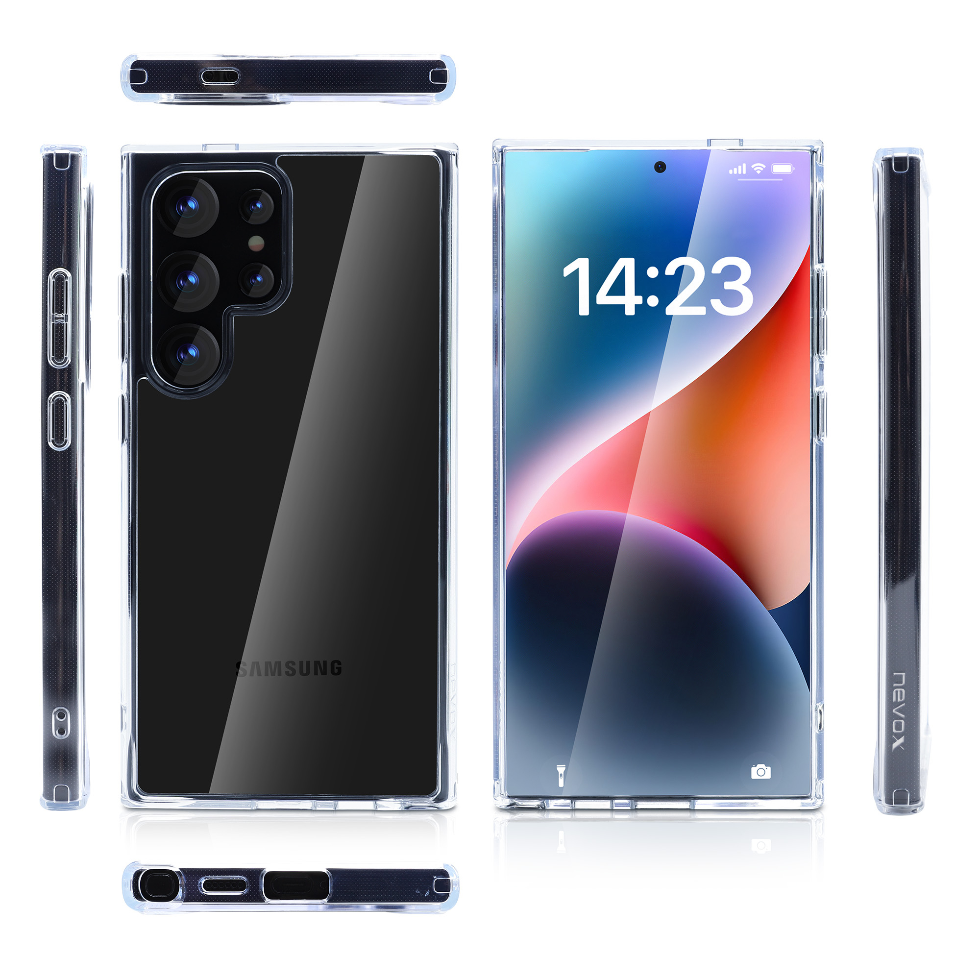 Custodia trasparente con telefono che mostra ora e interfaccia. Diverse viste: frontale, laterale, superiore.