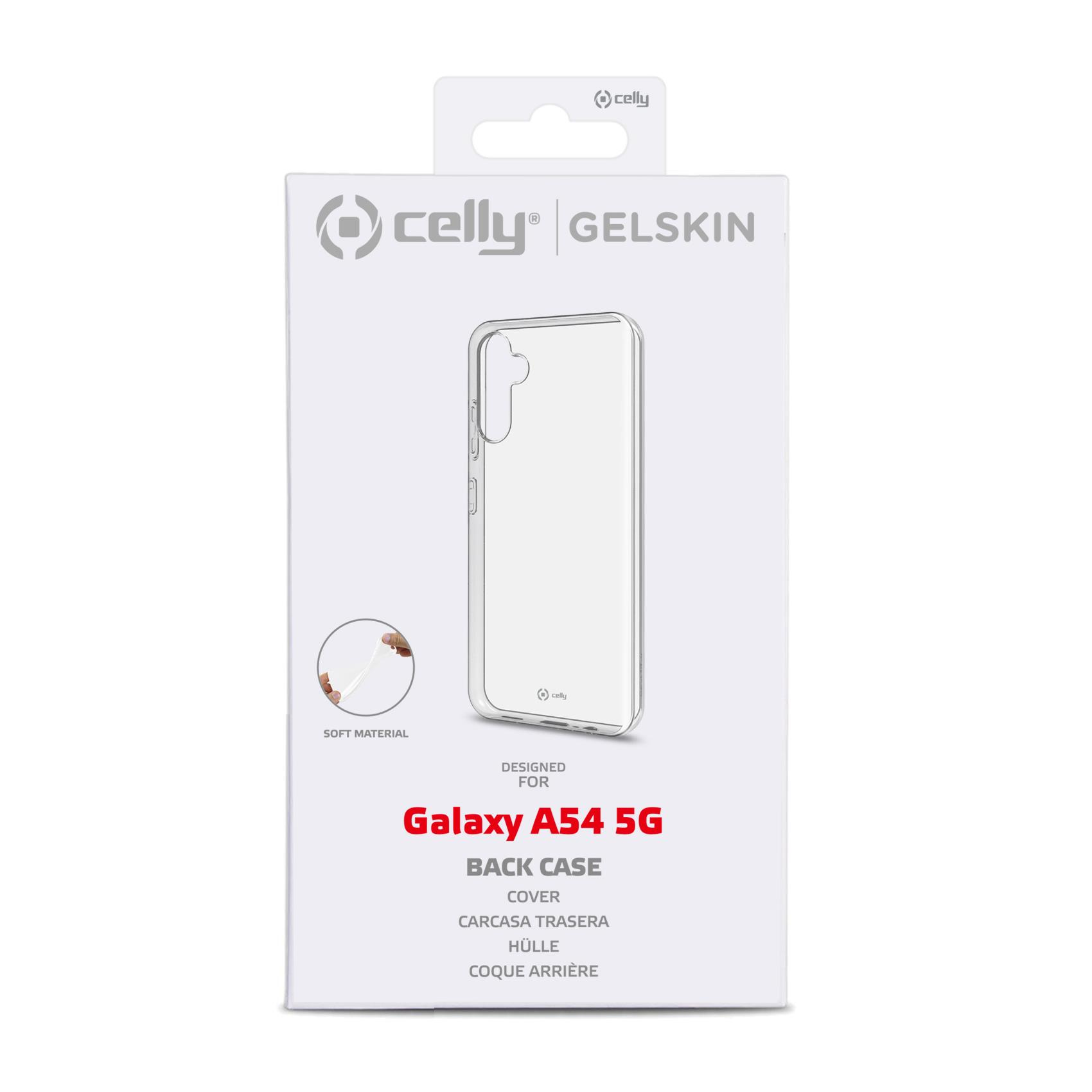 Confezione per una cover posteriore trasparente Galaxy A54 5G. La confezione ha un'immagine trasparente della cover.