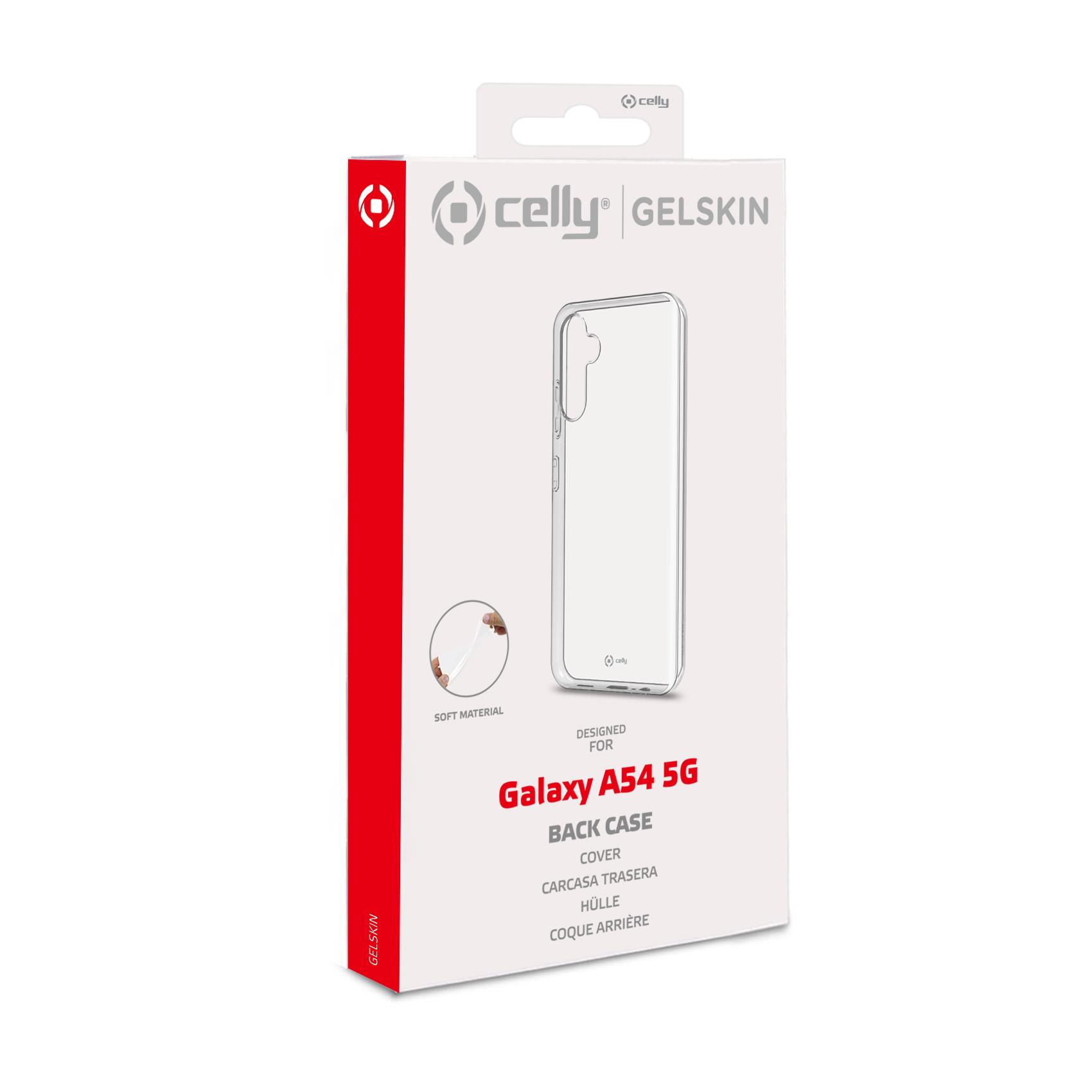 Una scatola Celly Gelskin bianca e rossa. La scatola contiene una custodia per telefono, con testo "Galaxy A54 5G".