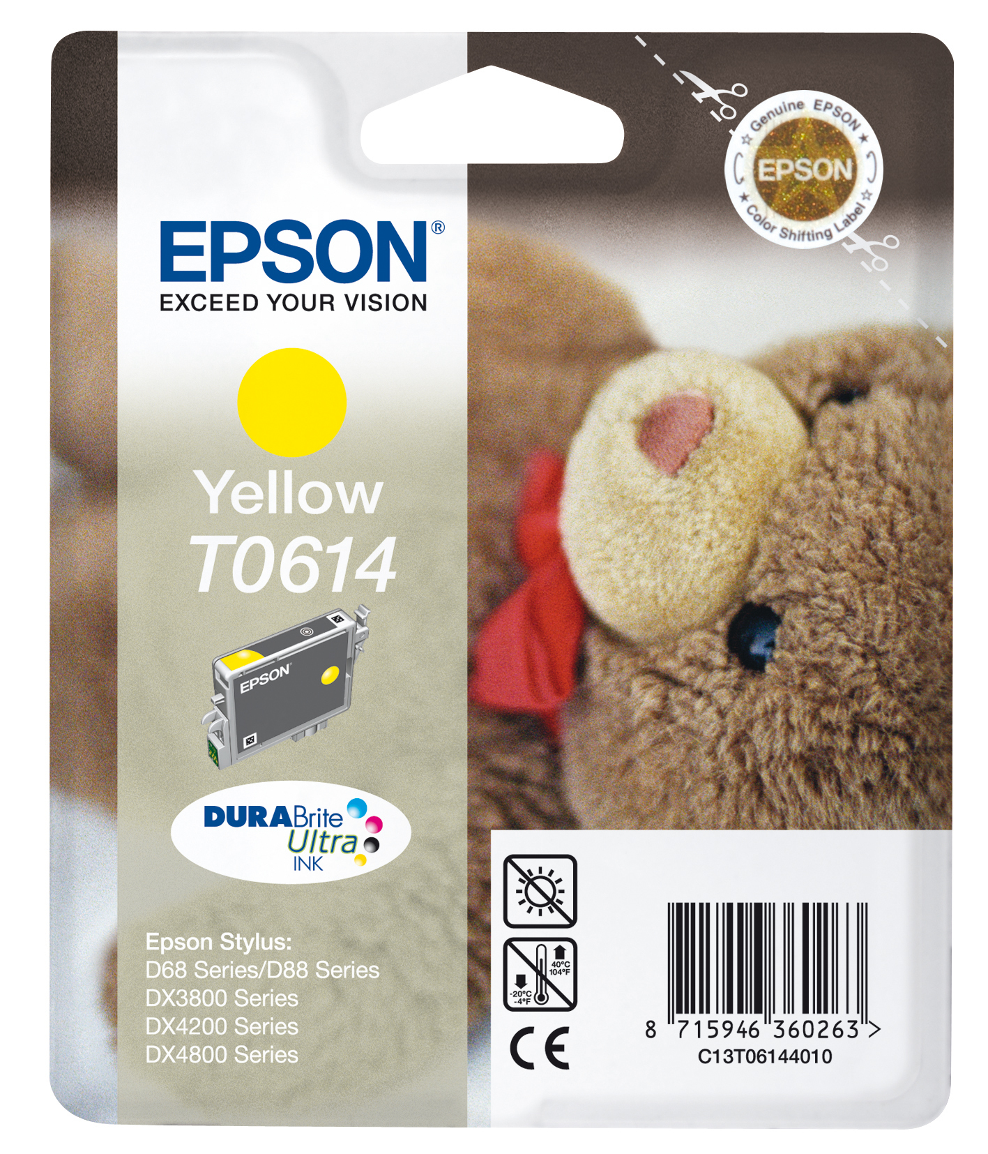 Verpakking van gele Epson inktcartridge, met een teddybeer en productdetails.