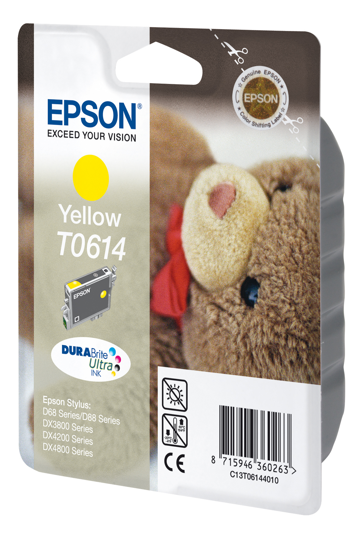 Epson inktpatroon doos. Het is gele inkt, met een bruine beer en een rode strik. Witte achtergrond.