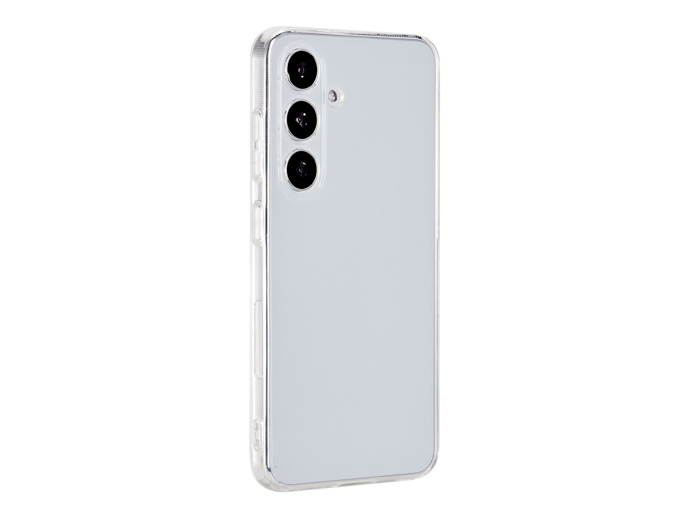 Una custodia per telefono azzurra su sfondo bianco. Il telefono ha tre obiettivi.