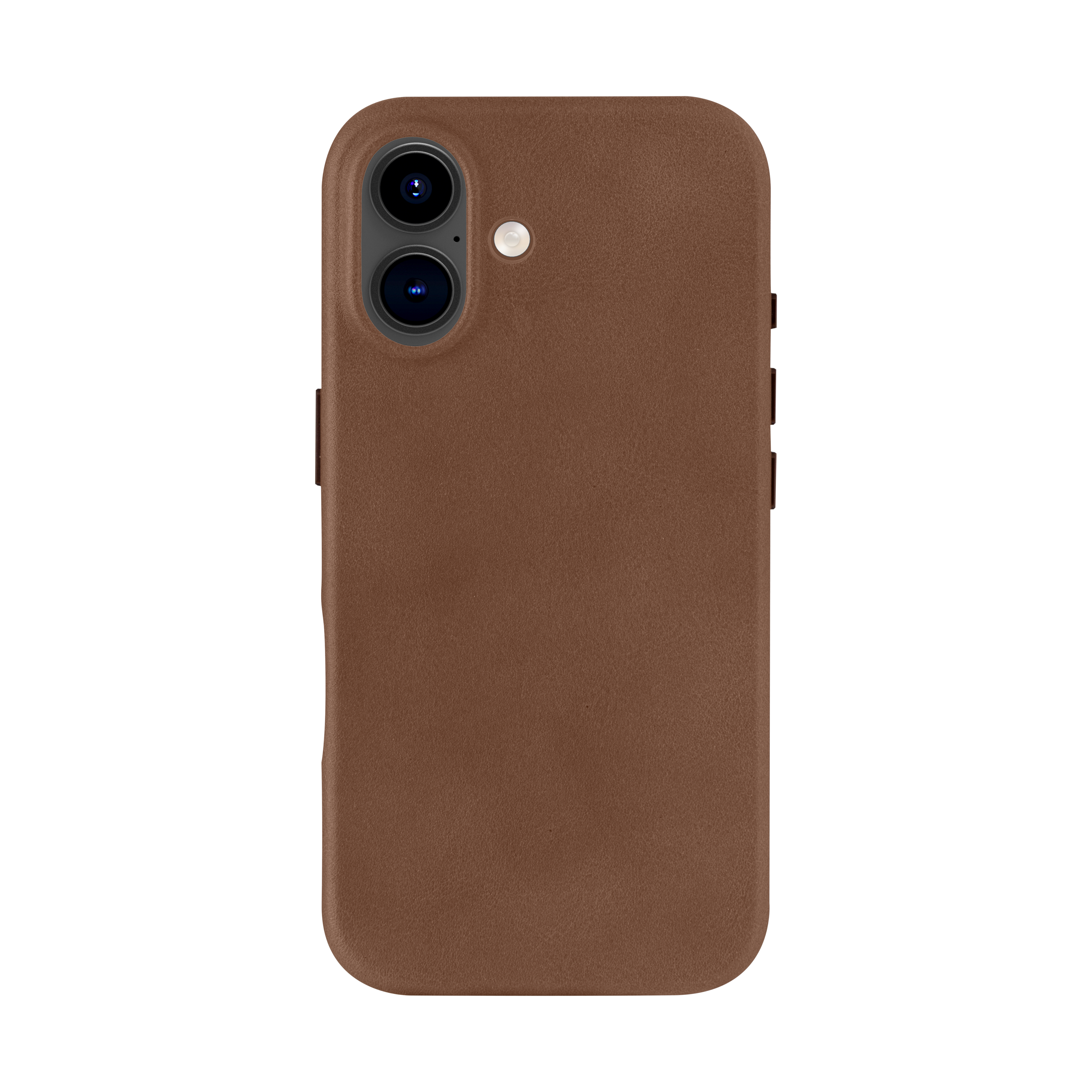 Una custodia per telefono marrone. La custodia è marrone e ha un obiettivo della fotocamera.