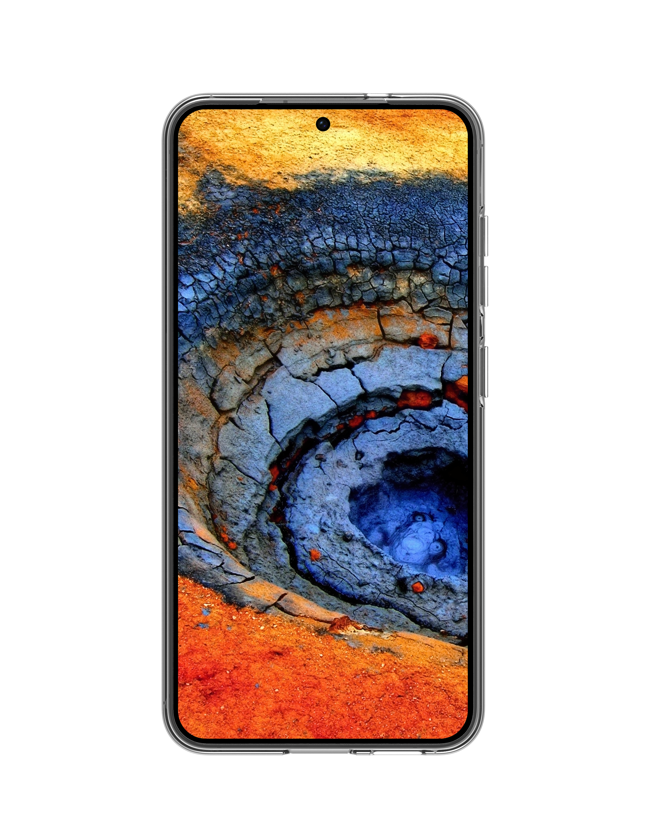 Un telefono mostra un'immagine ravvicinata di una superficie screpolata con sfumature blu e arancioni.