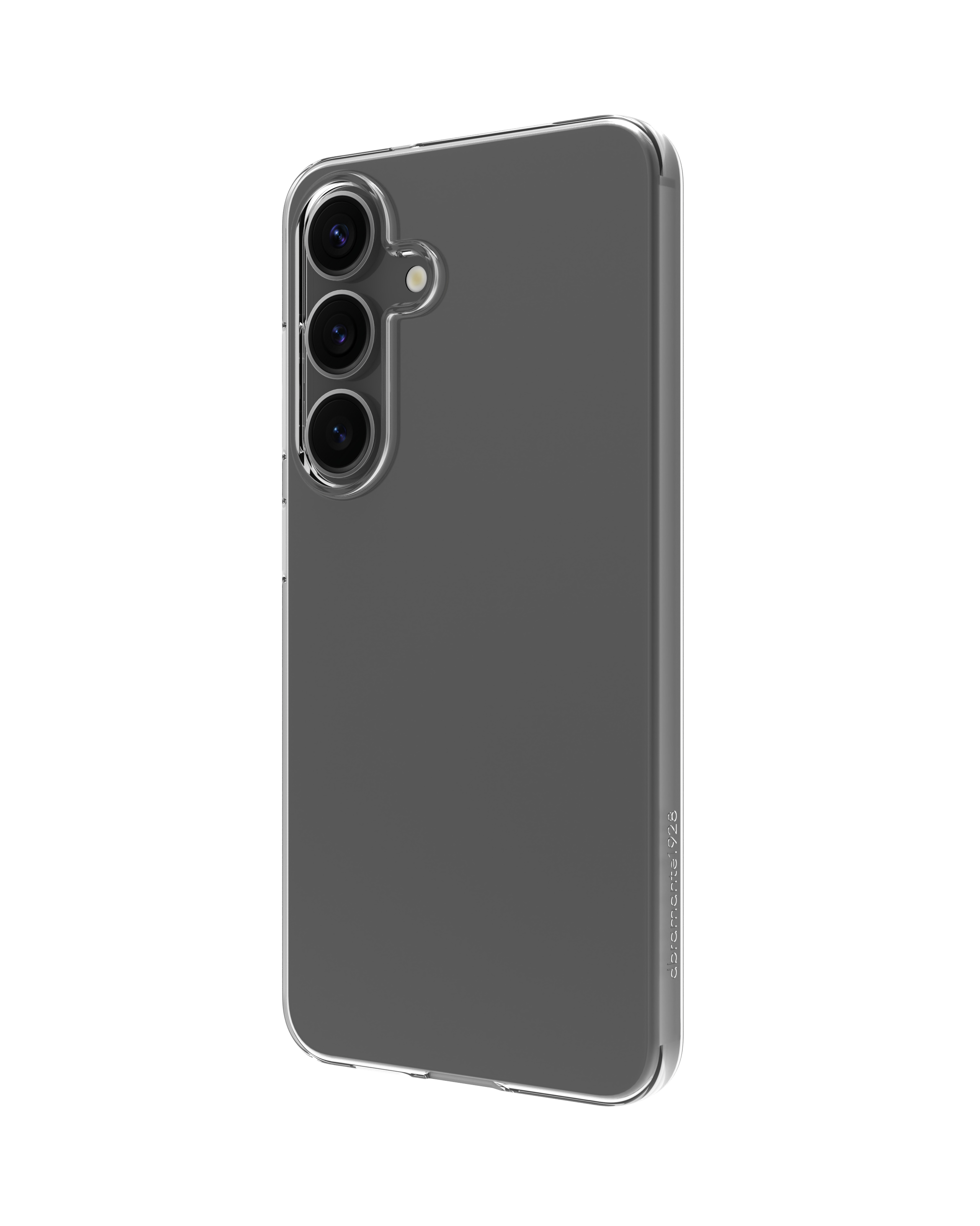 Custodia trasparente con tre fotocamere su sfondo grigio. Il telefono è di lato. La custodia è trasparente.
