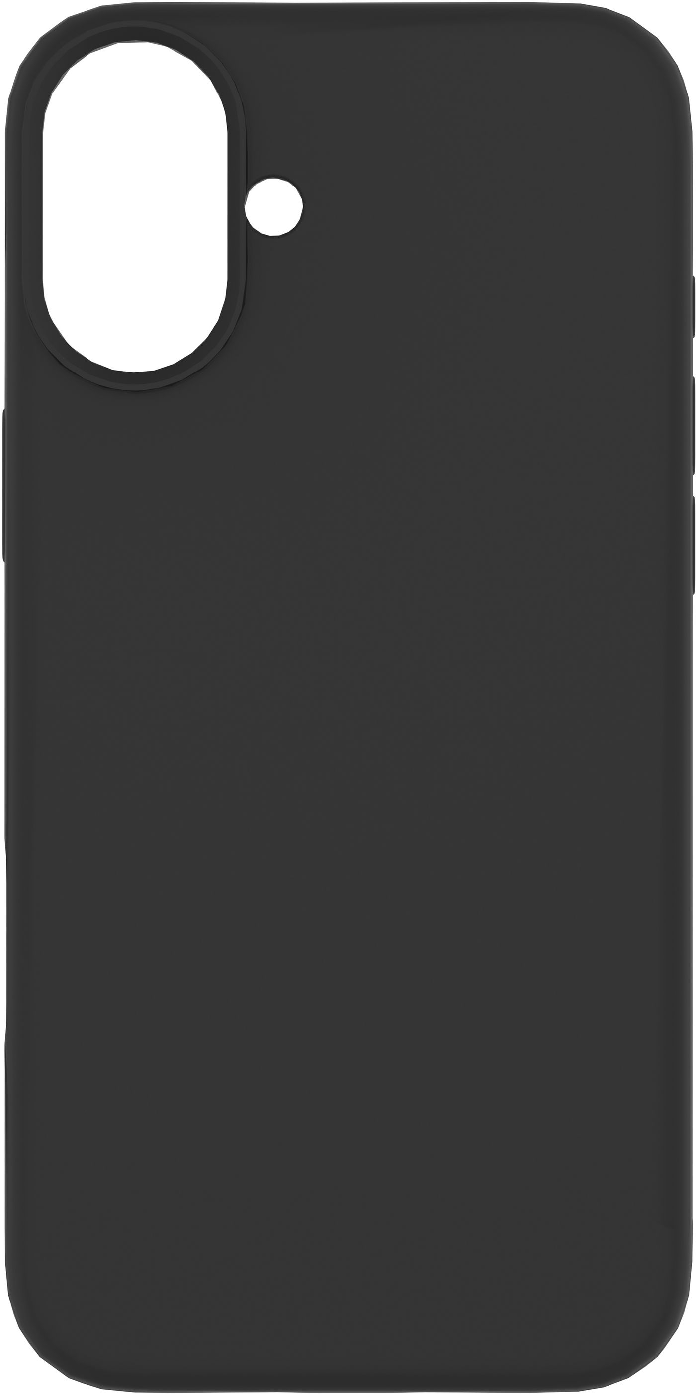 Custodia nera con un rialzo della fotocamera su sfondo bianco. La custodia copre la parte posteriore e i lati del telefono.
