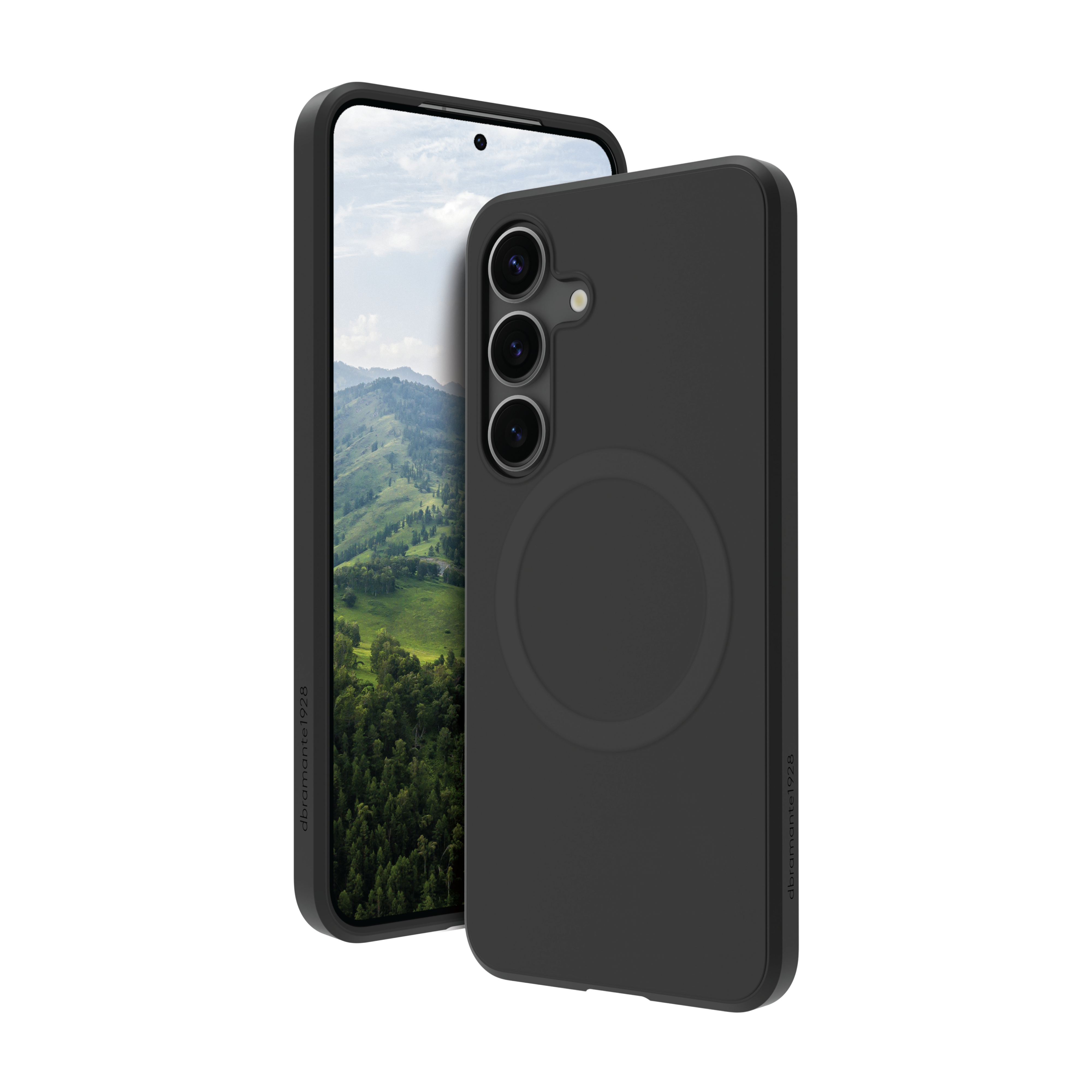 Custodia nera su un telefono. Il telefono è nero con tre fotocamere e un cerchio.