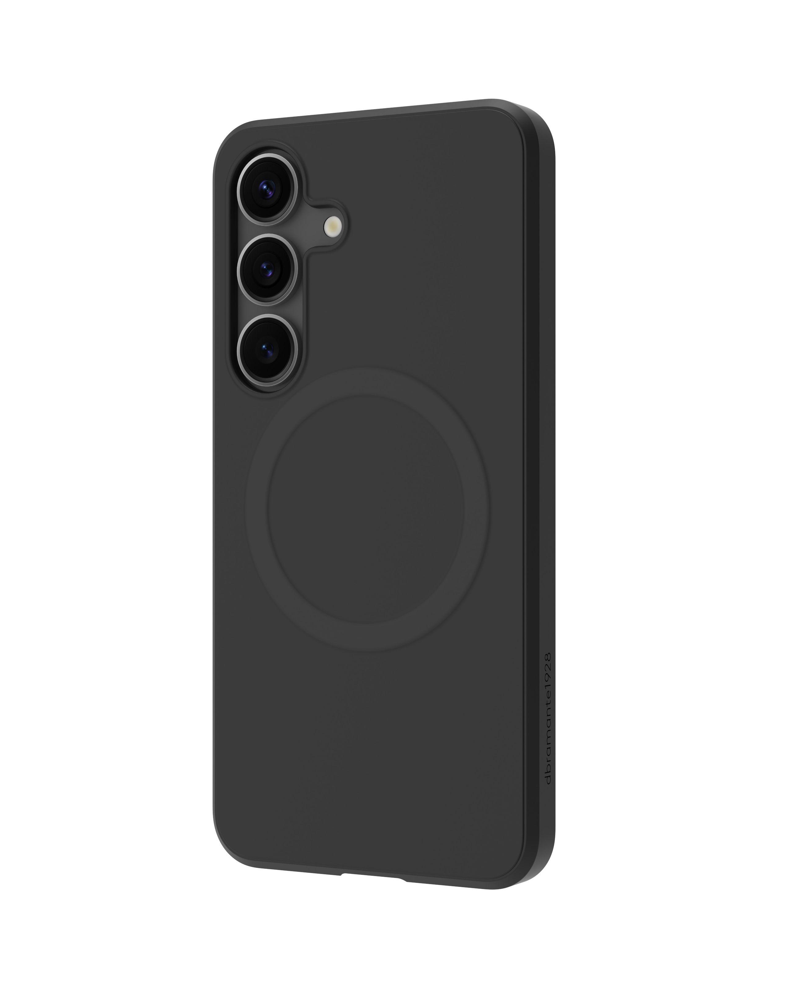 Una custodia per telefono nera con tre obiettivi e un magnete circolare.