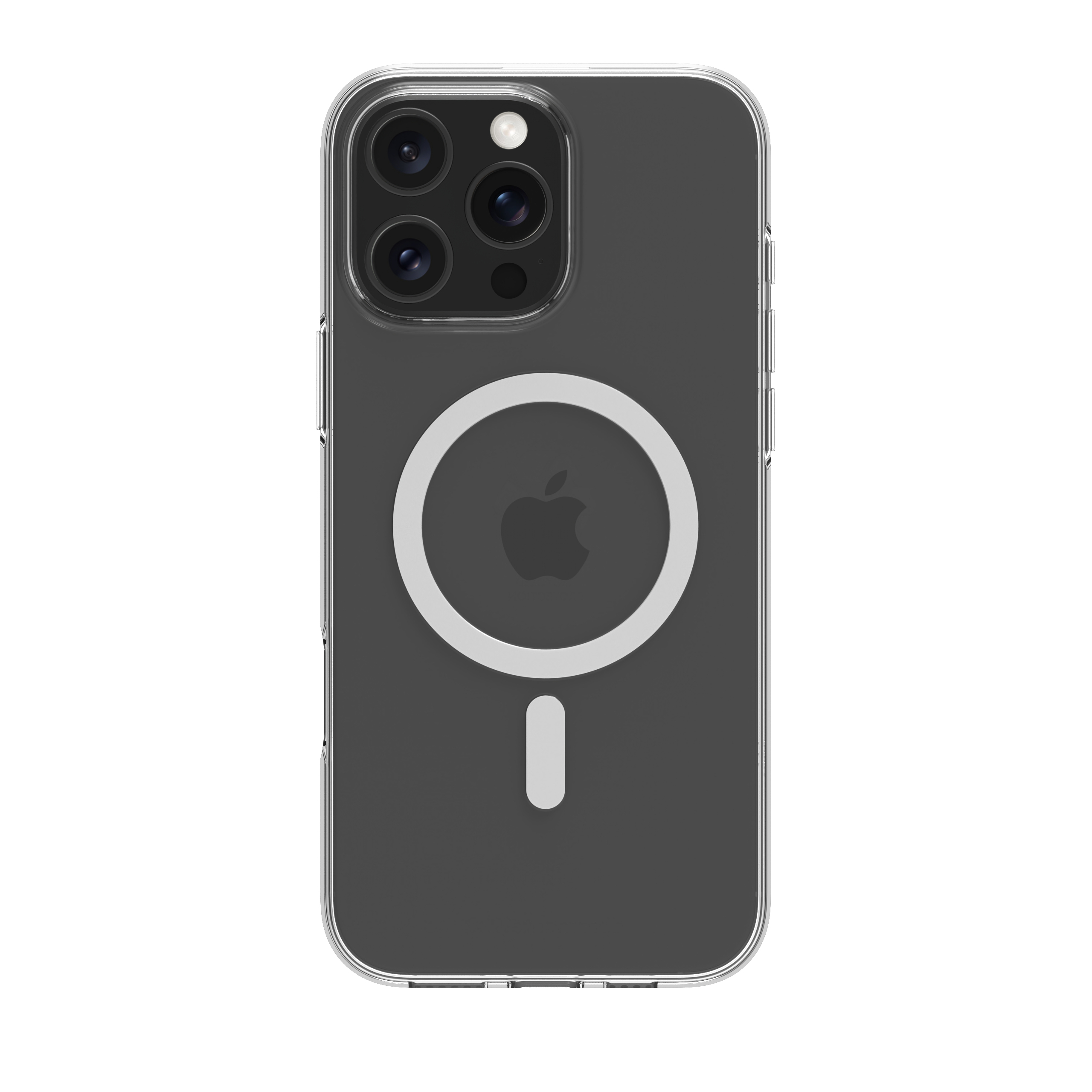 Telefono con custodia trasparente. Logo Apple. Sfondo bianco.