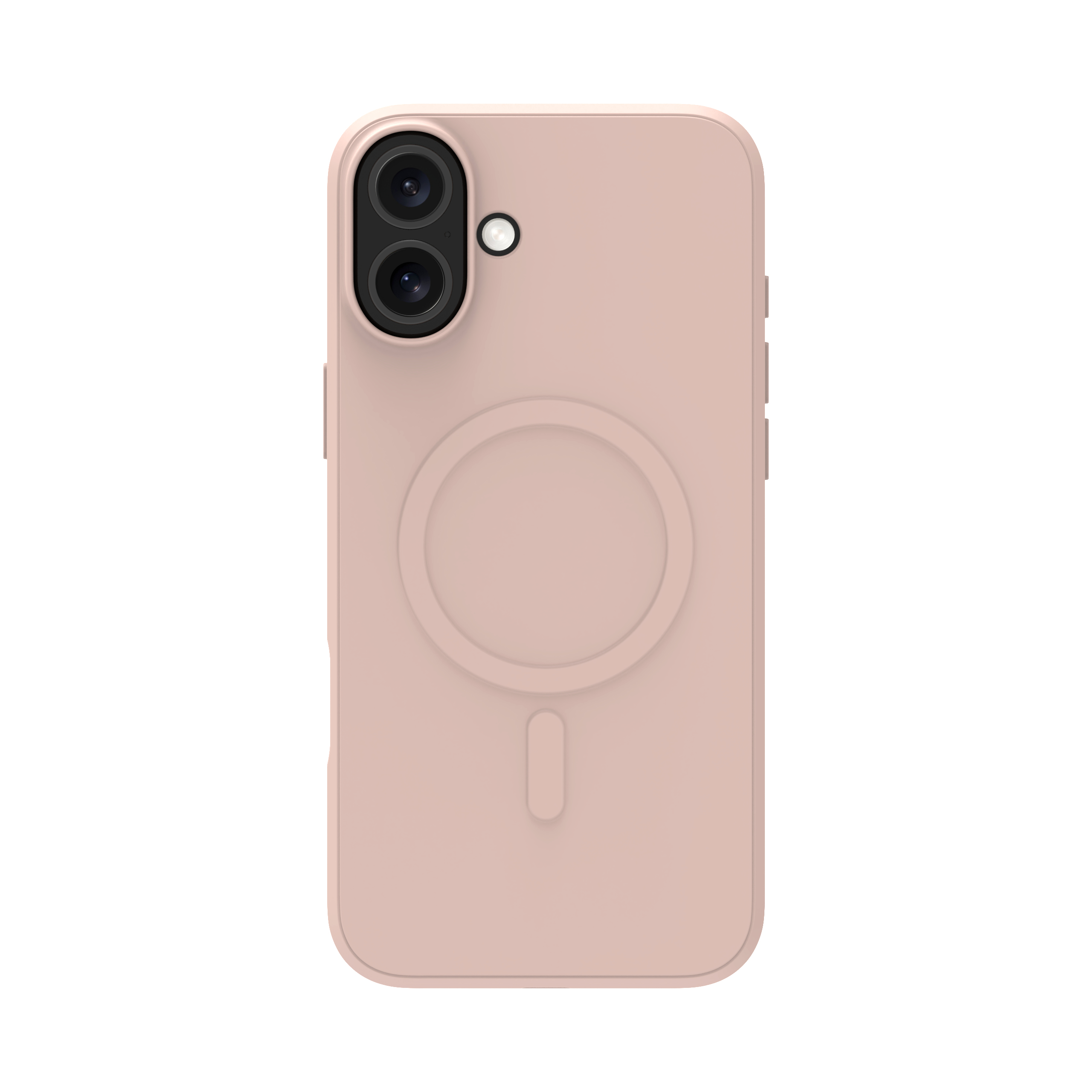 Una custodia rosa per telefono con ritagli per doppia fotocamera. Un design circolare è visibile sul retro.
