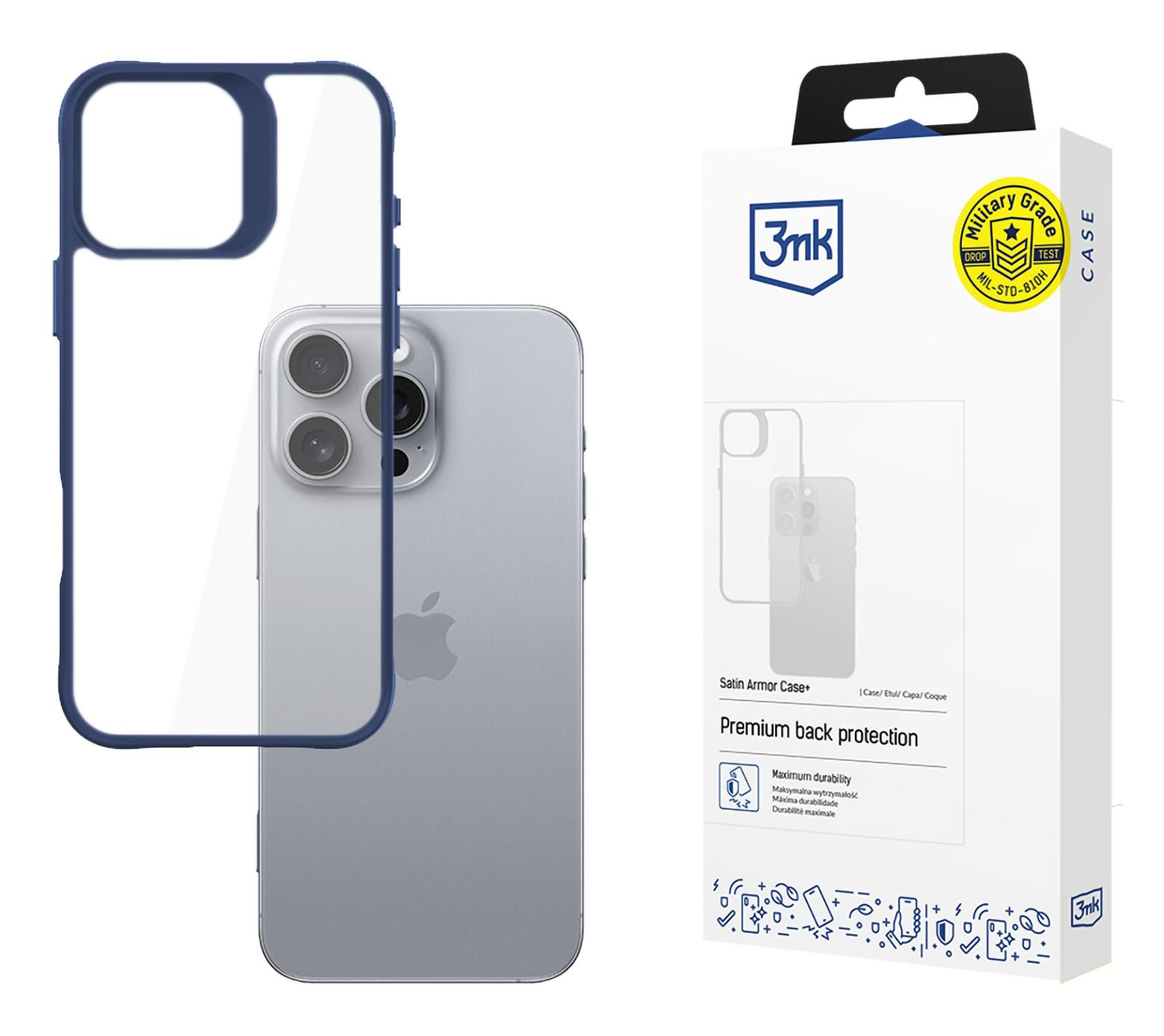 Un iPhone in una custodia trasparente e blu, con una scatola che mostra una custodia per telefono.