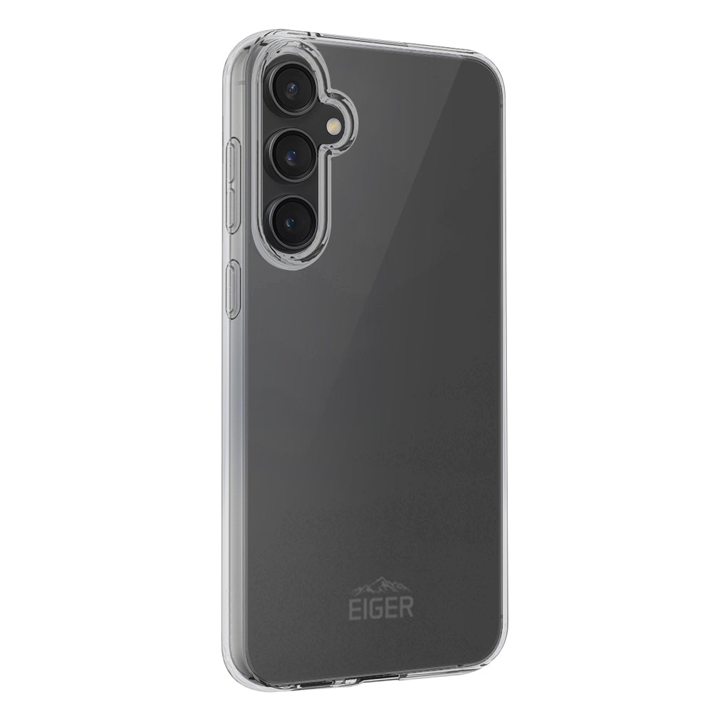 Custodia trasparente per telefono con triple fotocamere. Design semplice e sfondo bianco.