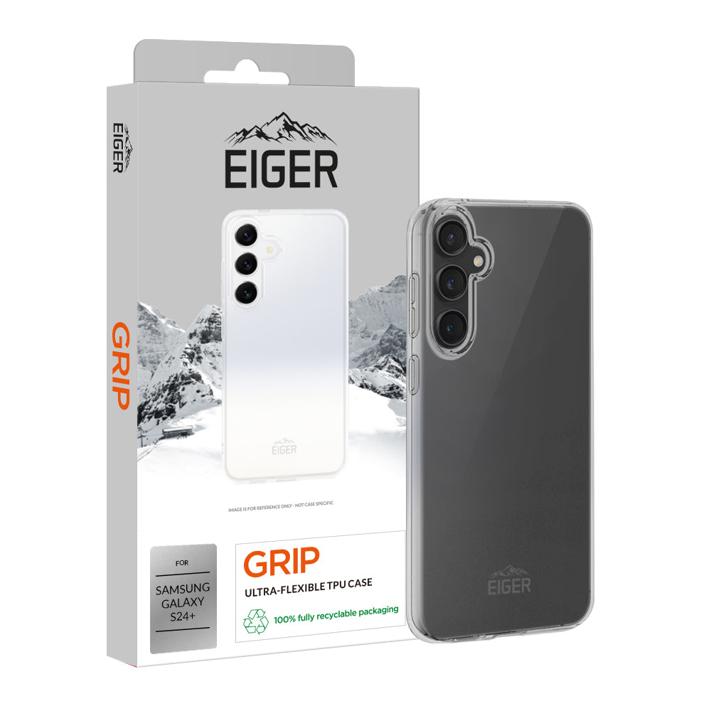 Confezione della custodia del telefono. Una custodia e un telefono. Sfondo bianco e logo Eiger.