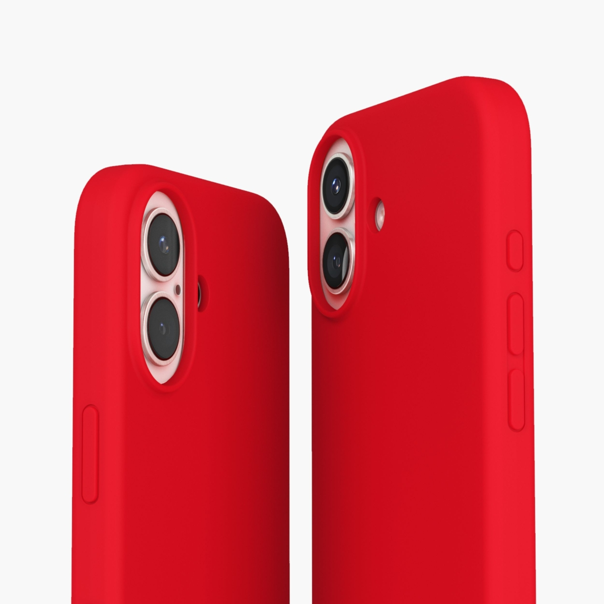 Zwei rote Handyhüllen mit Kameraausschnitten. Weißer Hintergrund und schlichtes Design.