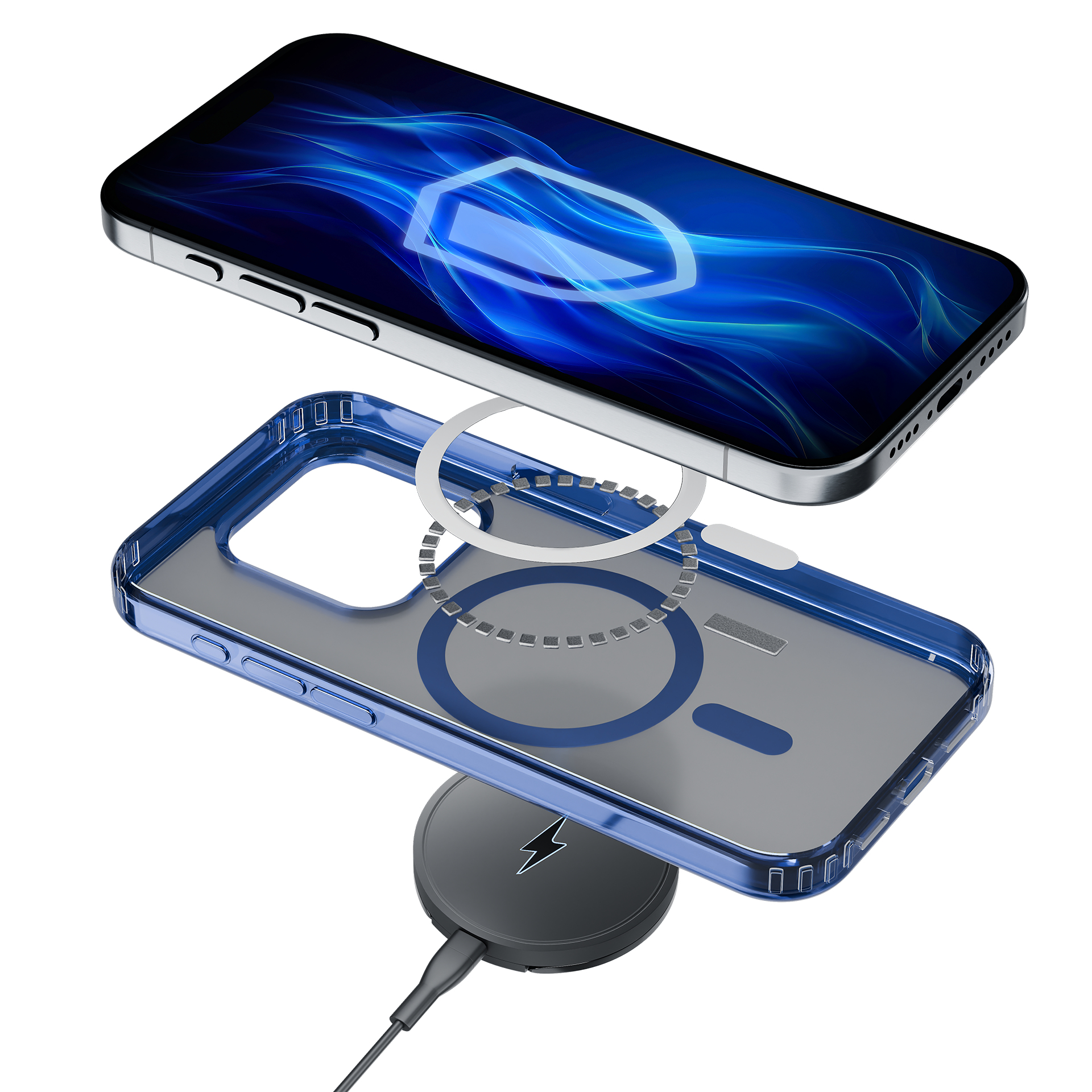 Telefono e custodia blu con bobina di ricarica. Il telefono mostra uno scudo blu.