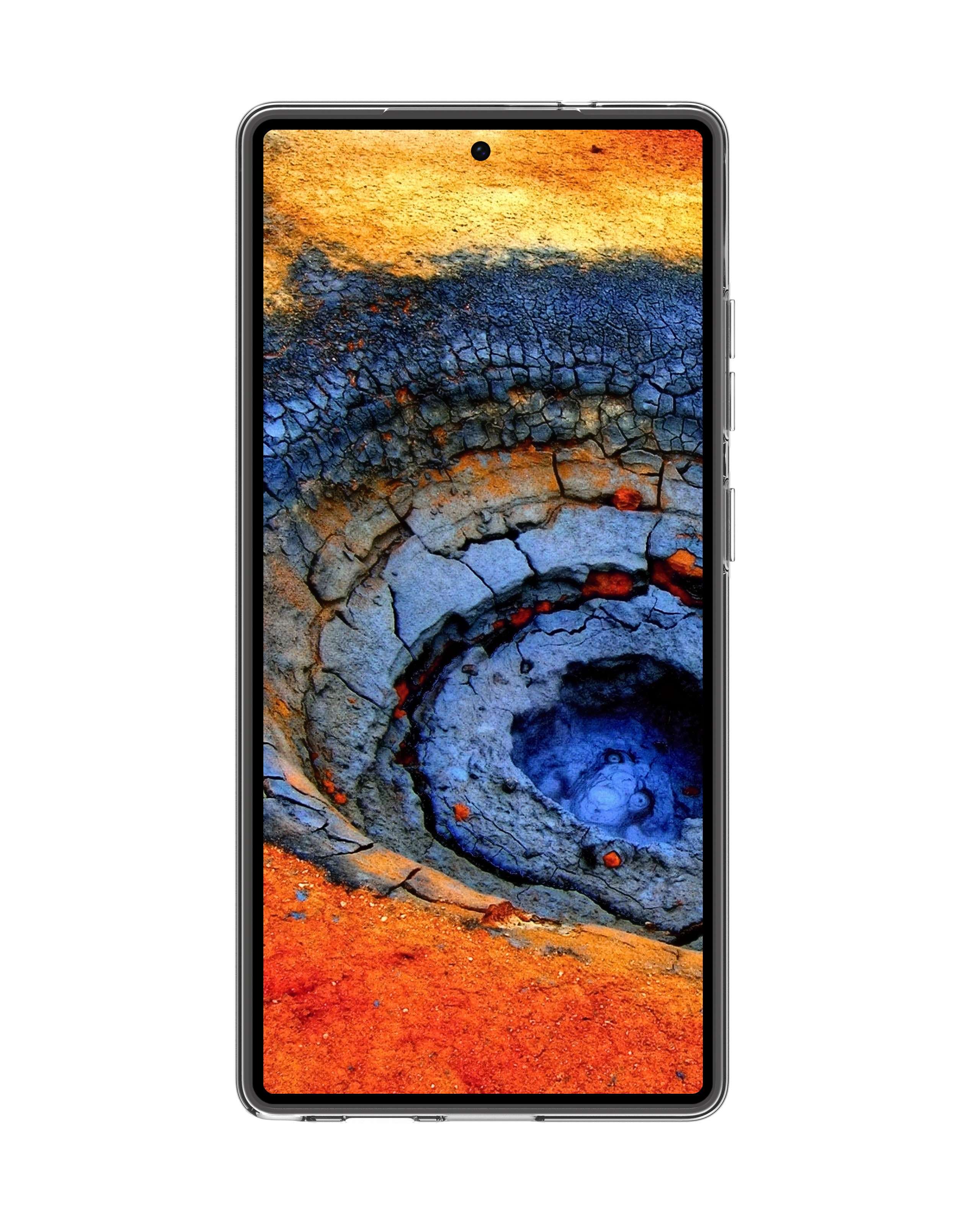 Schermo del telefono mostra una texture di terra screpolata con sfumature blu e arancioni.