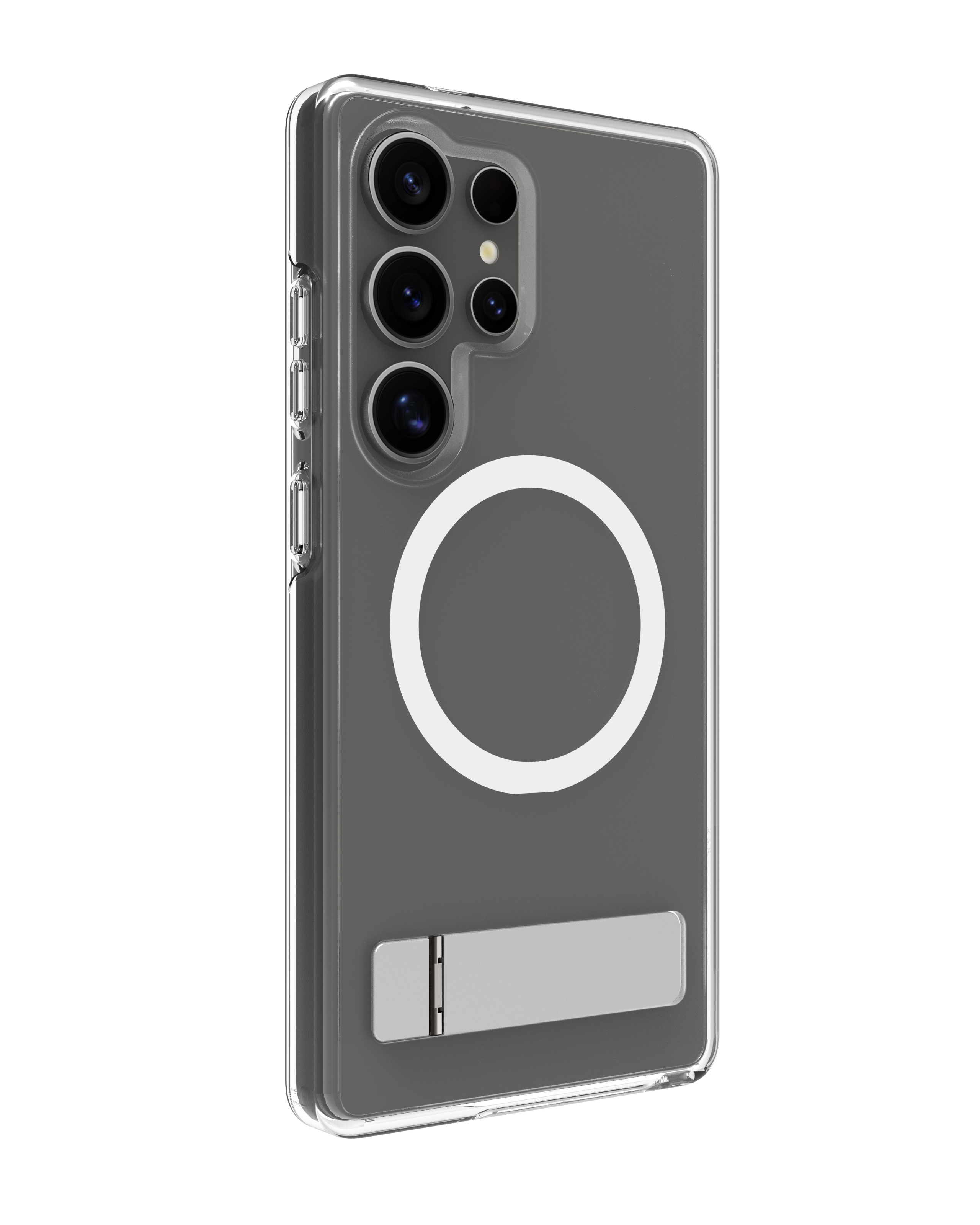 Custodia trasparente con supporto e anello bianco. Sono visibili tre fotocamere.