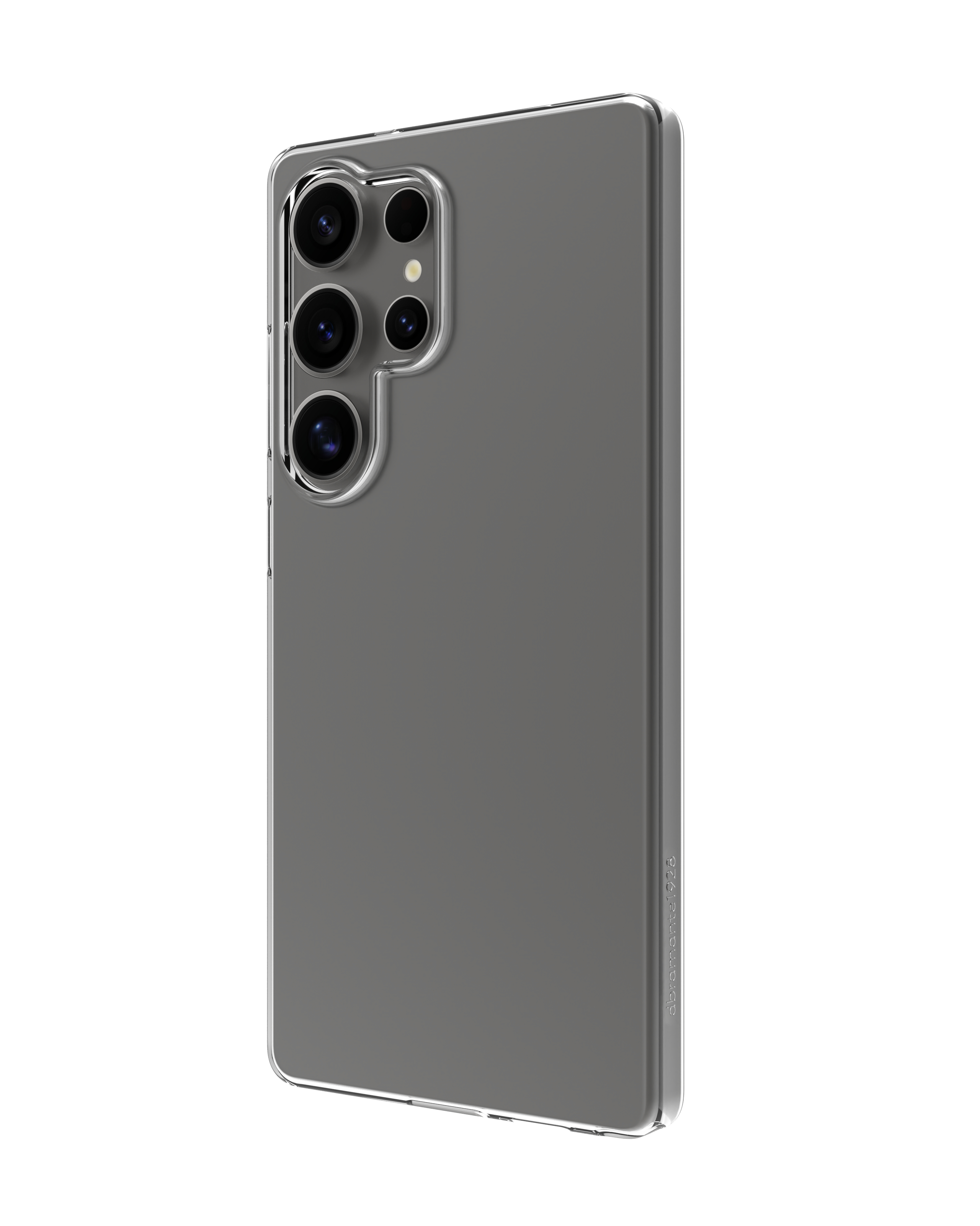 Custodia trasparente per telefono con tre fotocamere. Sfondo bianco.