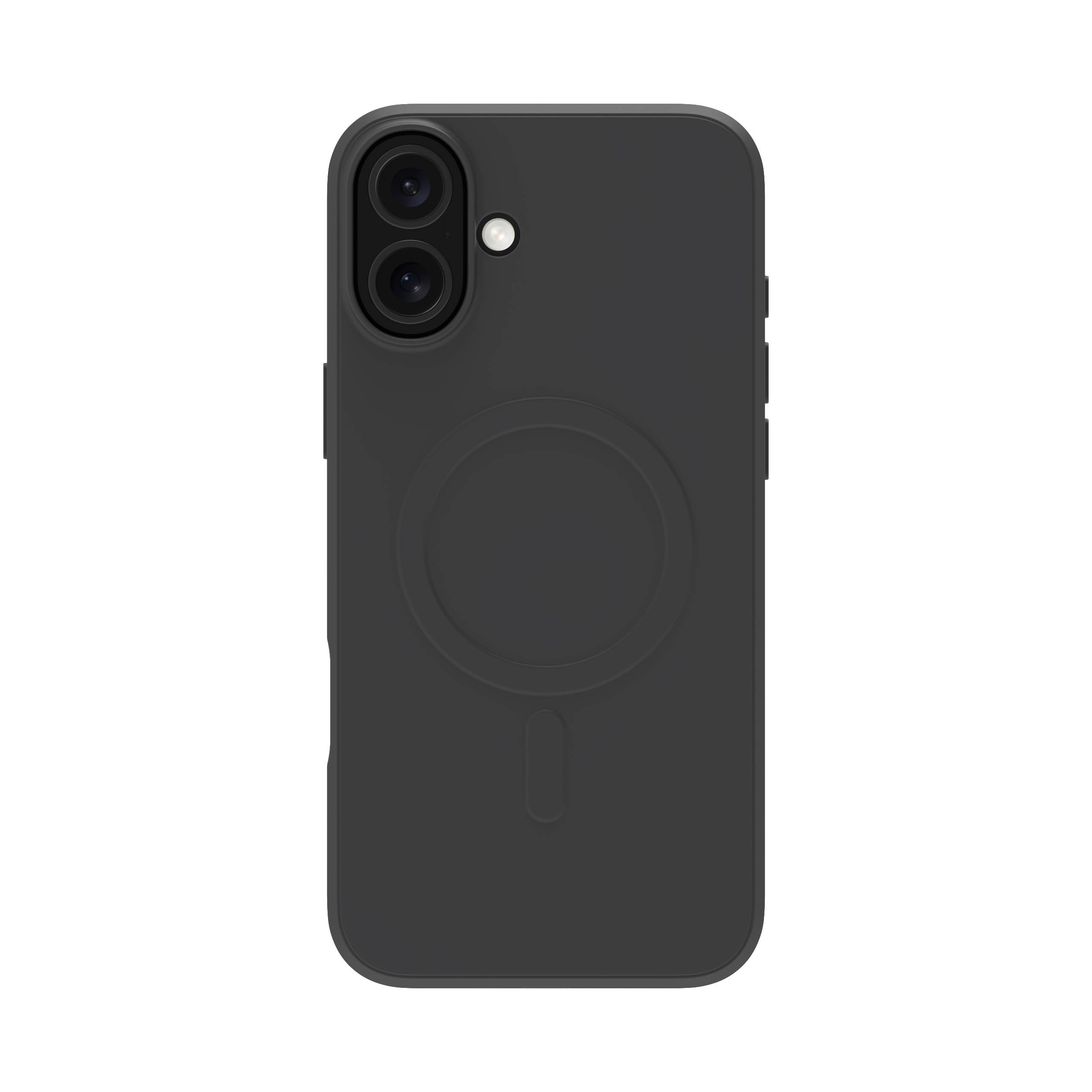Custodia nera per telefono con due fotocamere. Intaglio circolare al centro. Sfondo bianco.