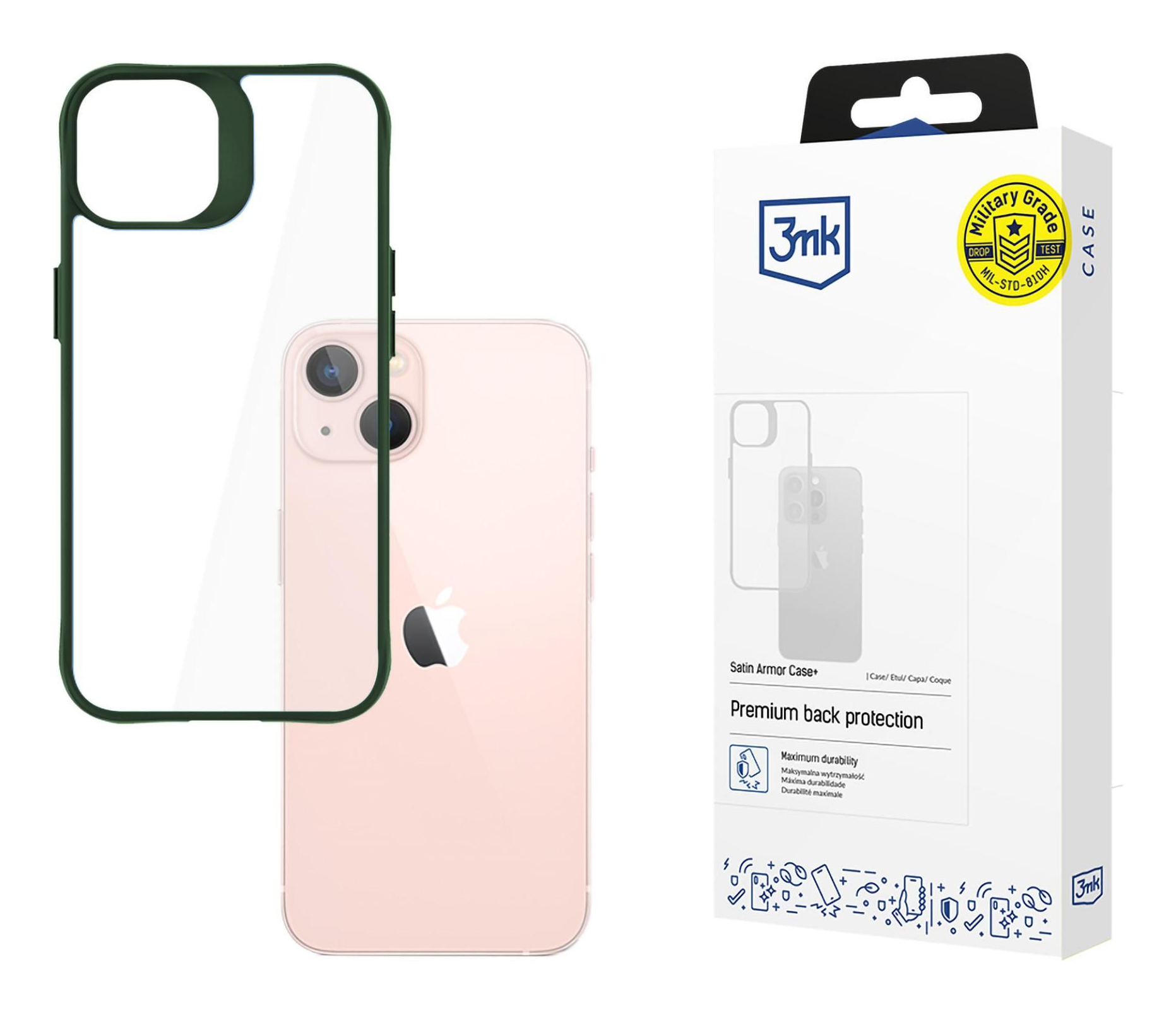Telefono rosa con custodia verde a sinistra. Scatola bianca con dettagli della custodia a destra.