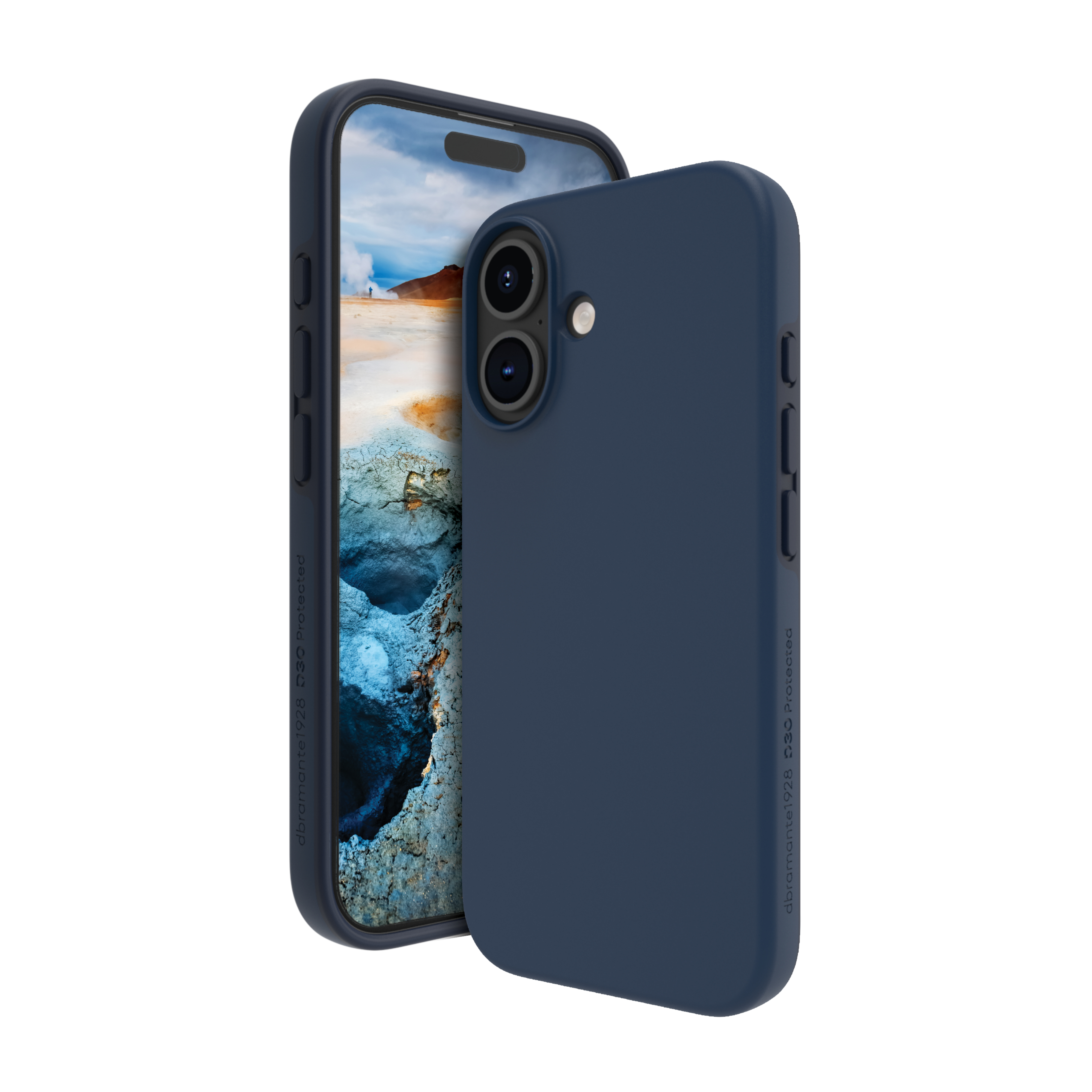 Custodia blu navy con due fotocamere. Telefono all'interno. Sfondo bianco.