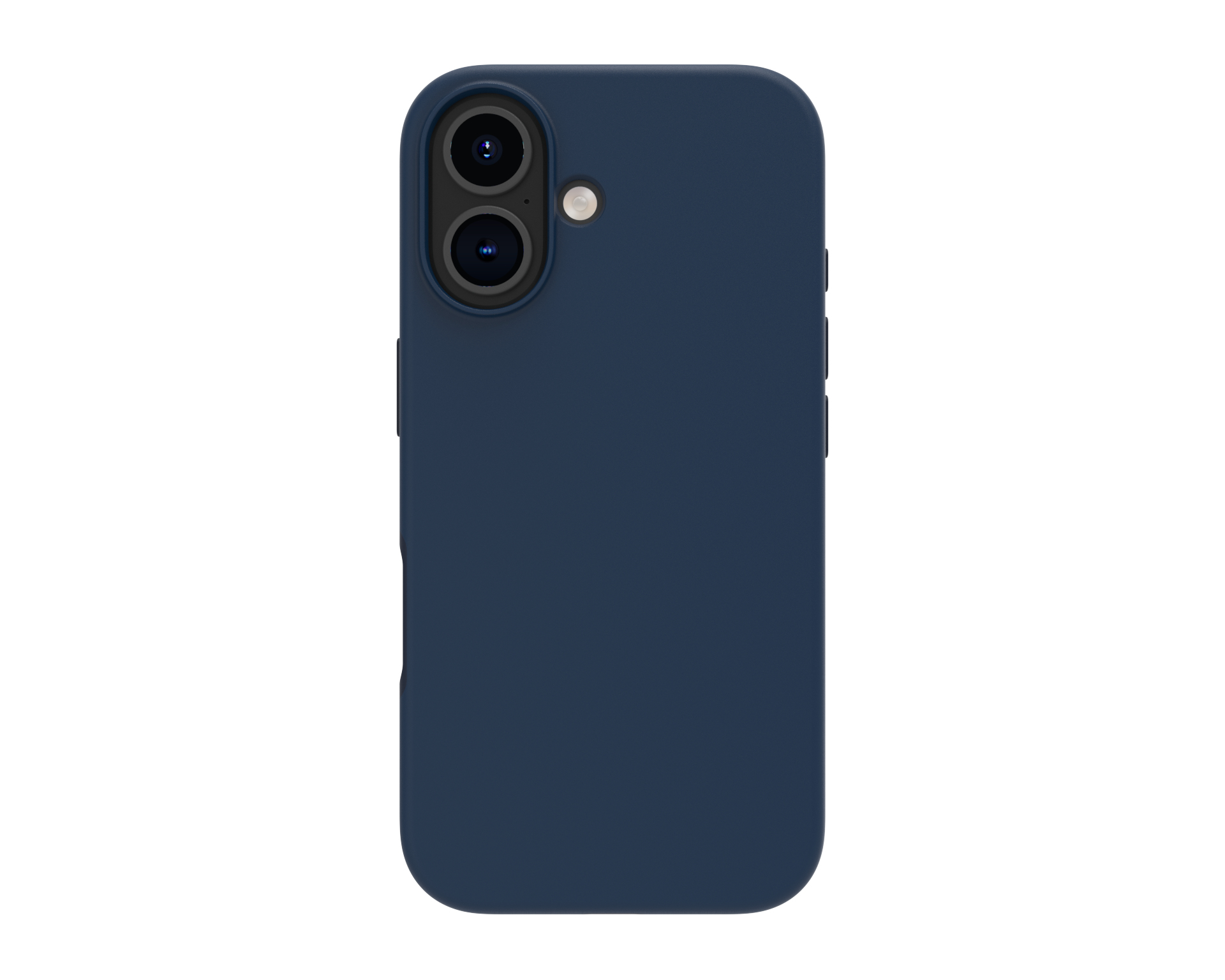 Custodia blu navy con due fotocamere. Sfondo bianco.