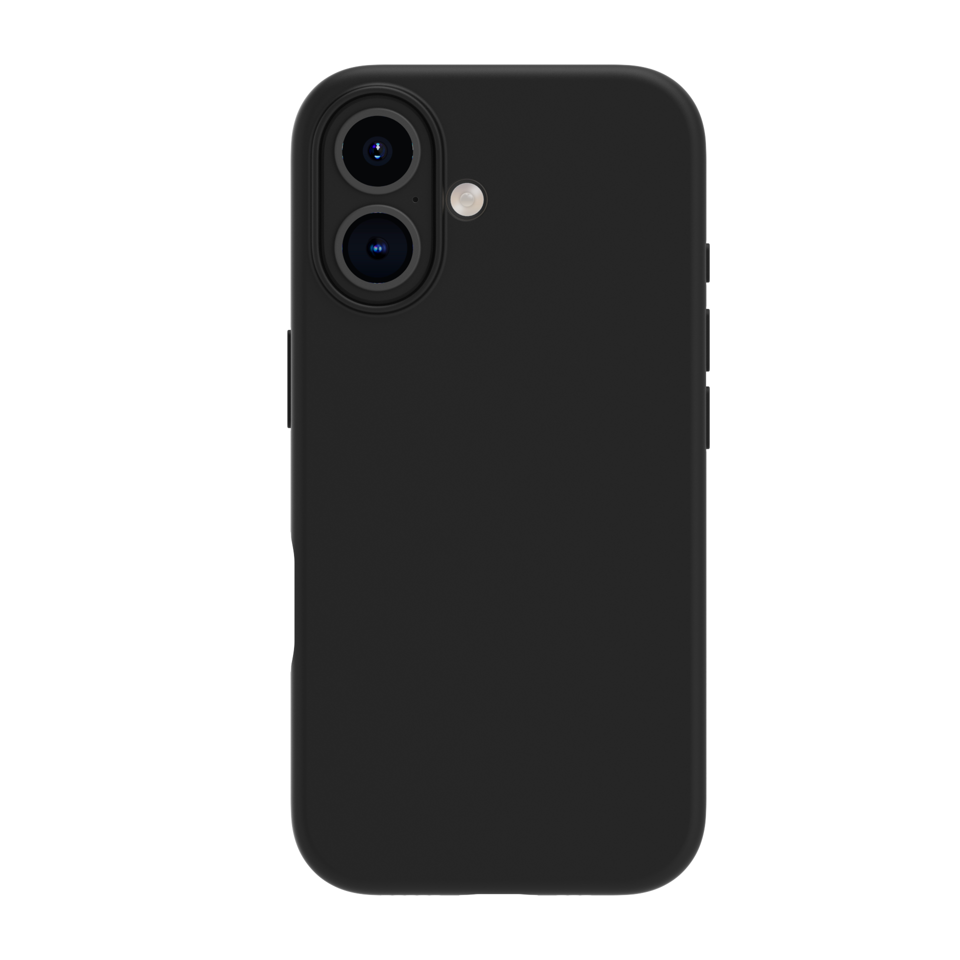 Custodia nera per telefono con due fotocamere. Sfondo bianco.