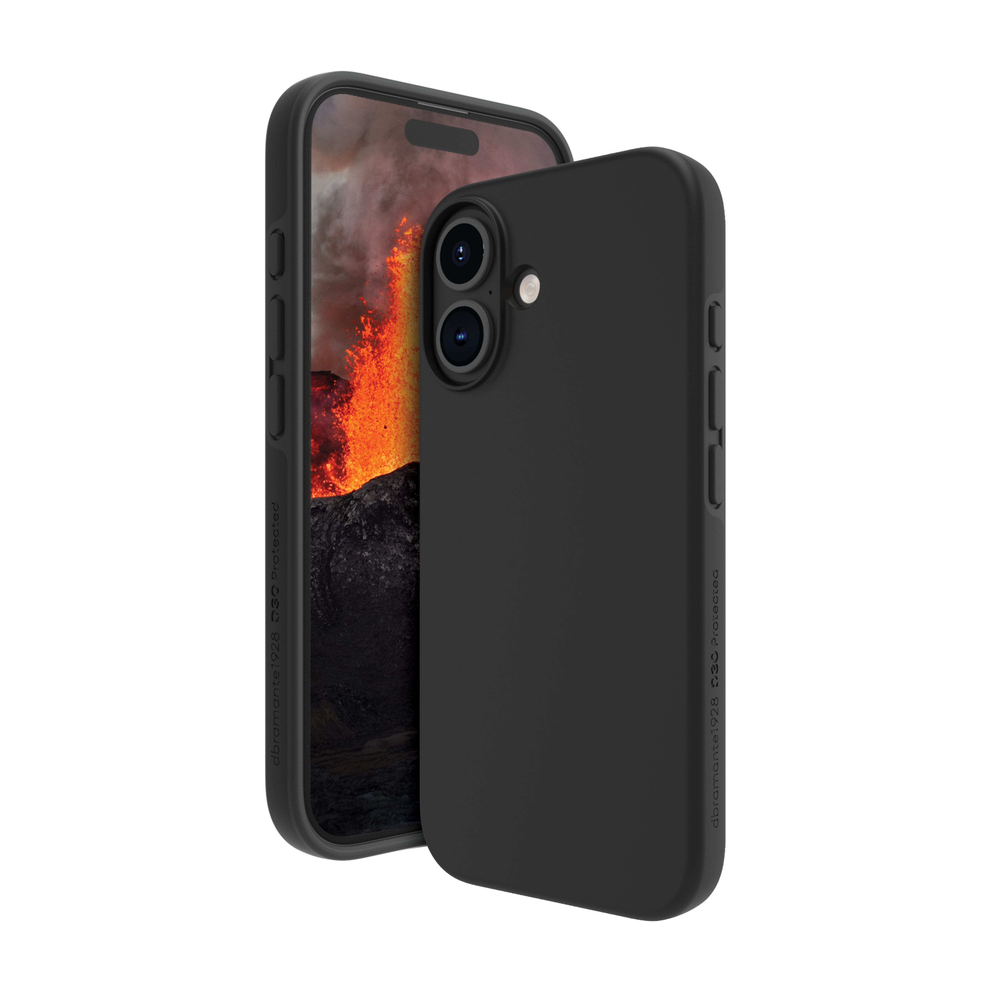 Custodia nera con telefono, lava sullo schermo. Sfondo bianco.