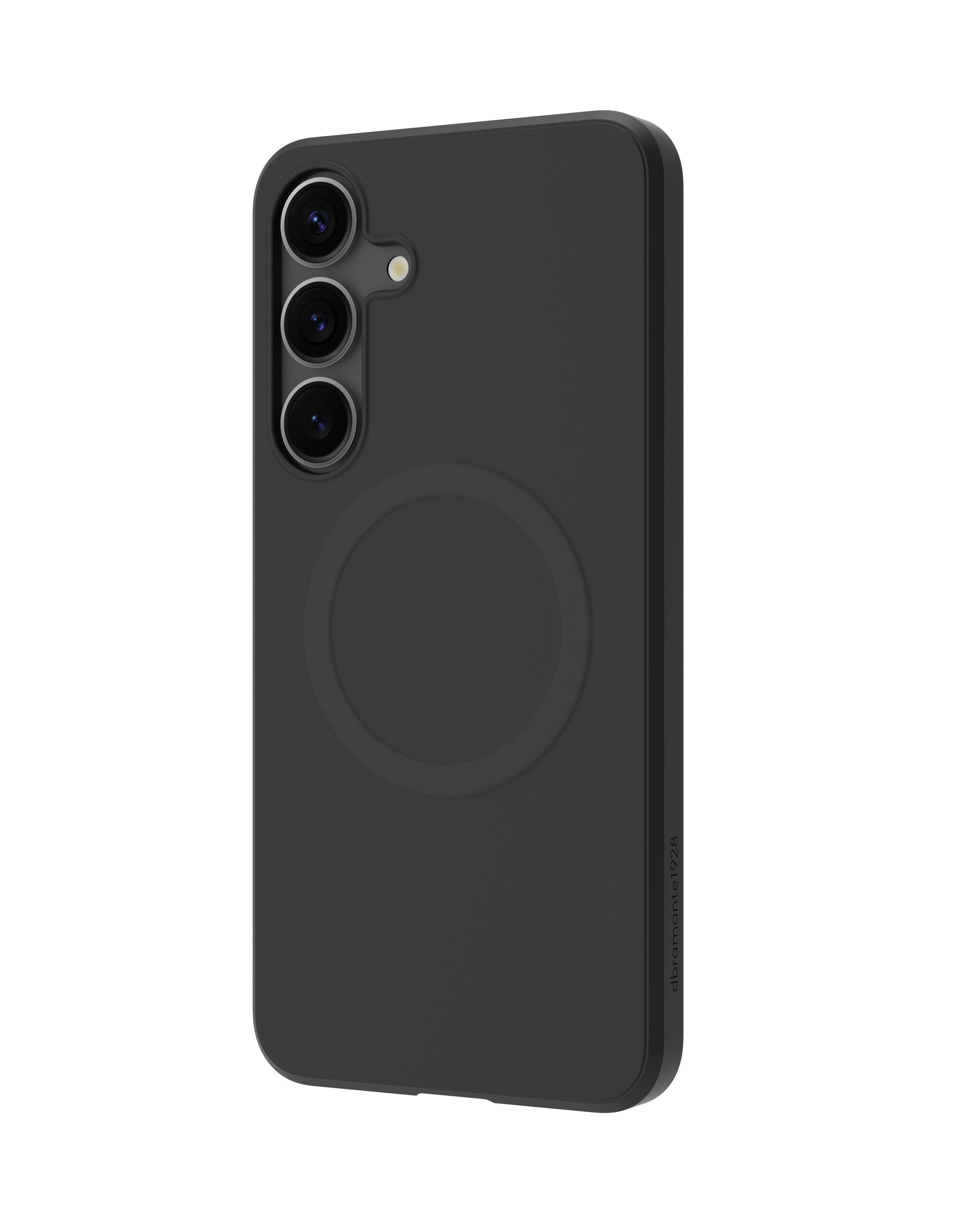 Custodia nera per telefono con tre fotocamere. Un'indentazione circolare al centro. Sfondo bianco.