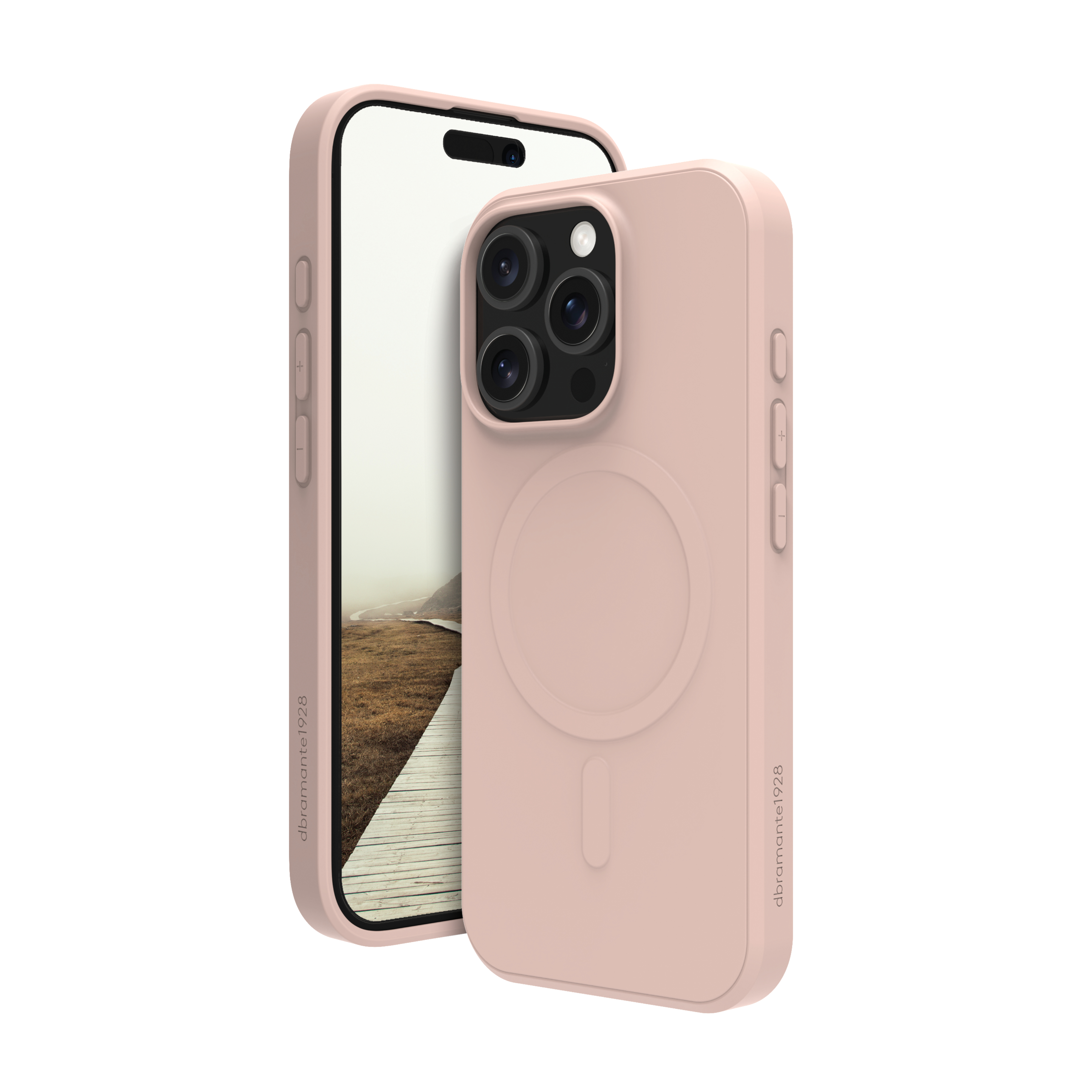 Custodia rosa per telefono accanto a un telefono che mostra uno sfondo naturale.