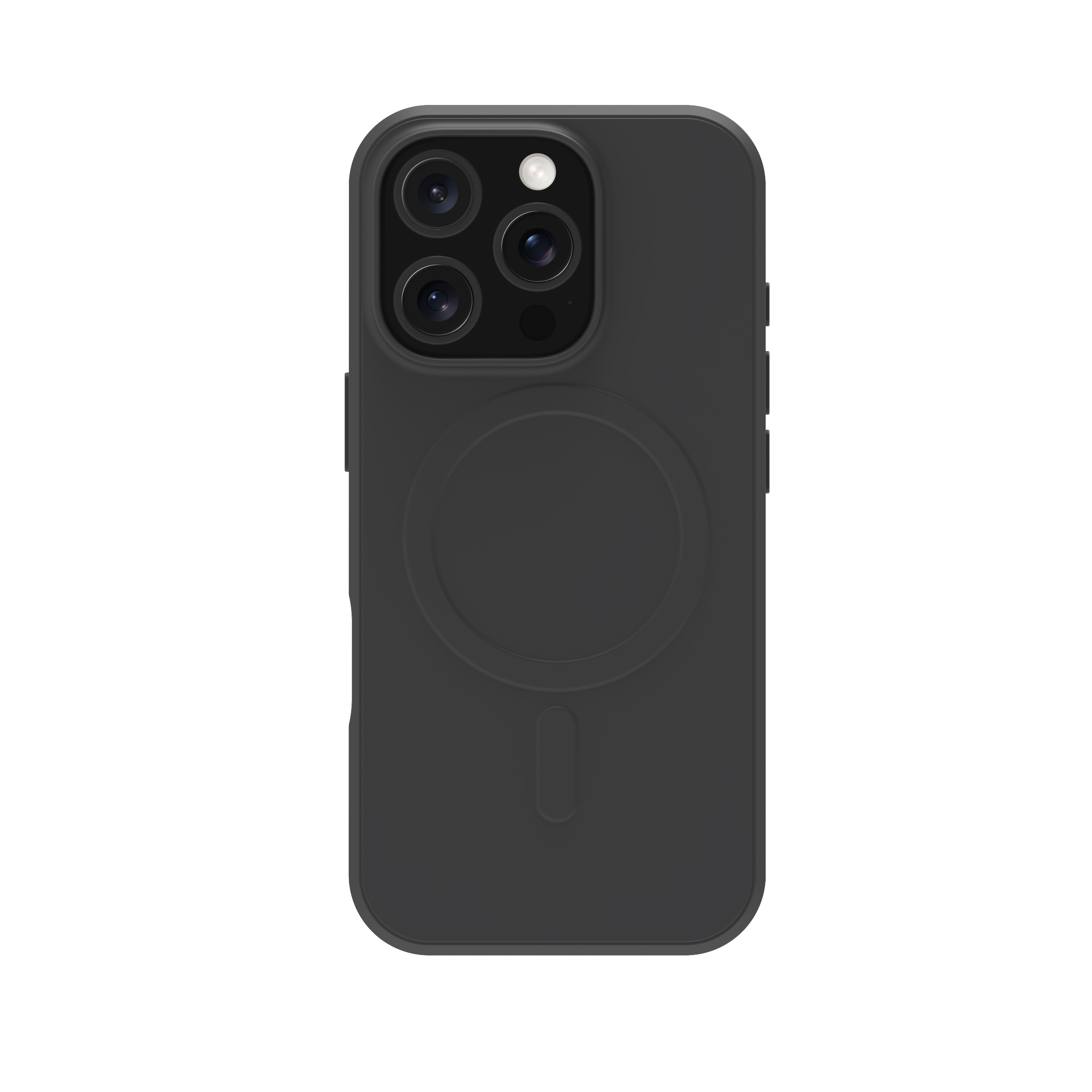 Custodia nera per telefono con tre fotocamere e un cerchio sul retro.