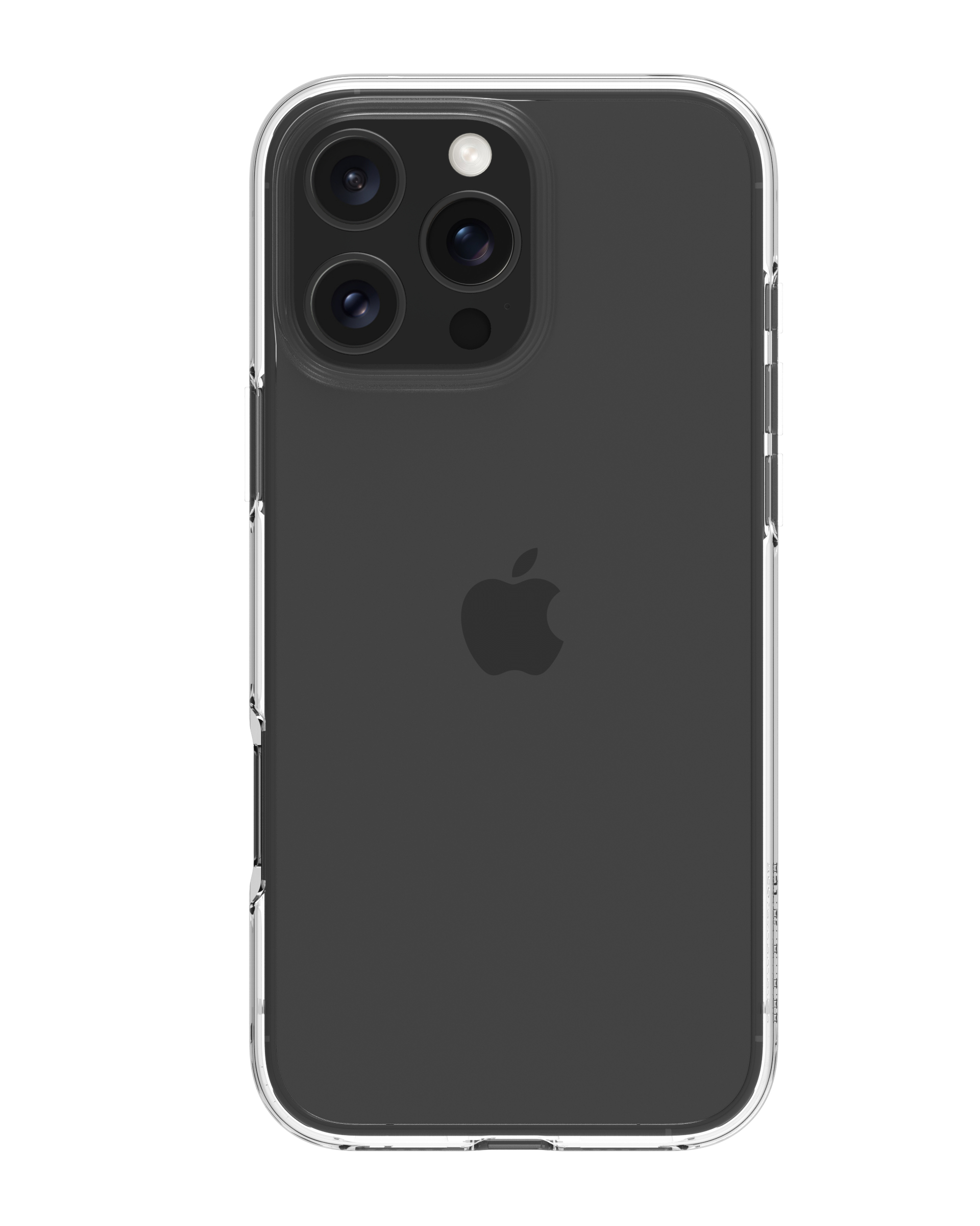 Custodia trasparente su telefono nero con logo Apple. Sfondo bianco.
