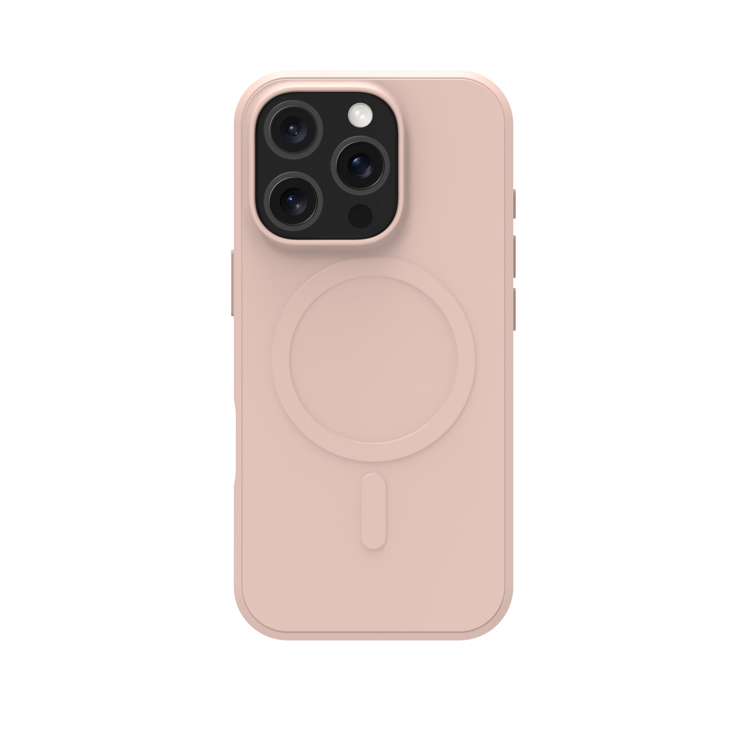Custodia rosa per telefono con tre fotocamere e un cerchio sul retro.
