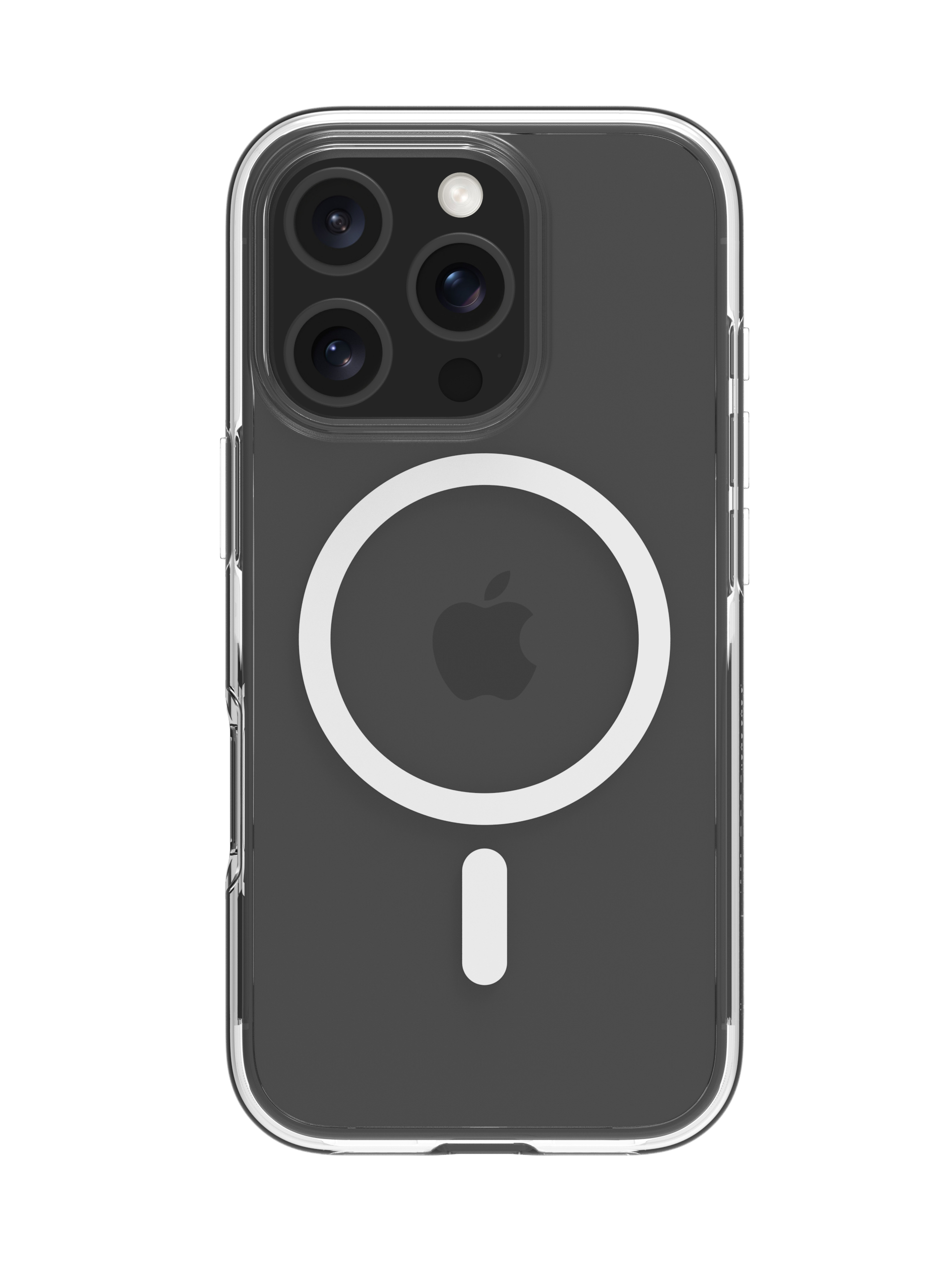 Custodia trasparente per telefono con tre fotocamere e logo Apple sul retro.